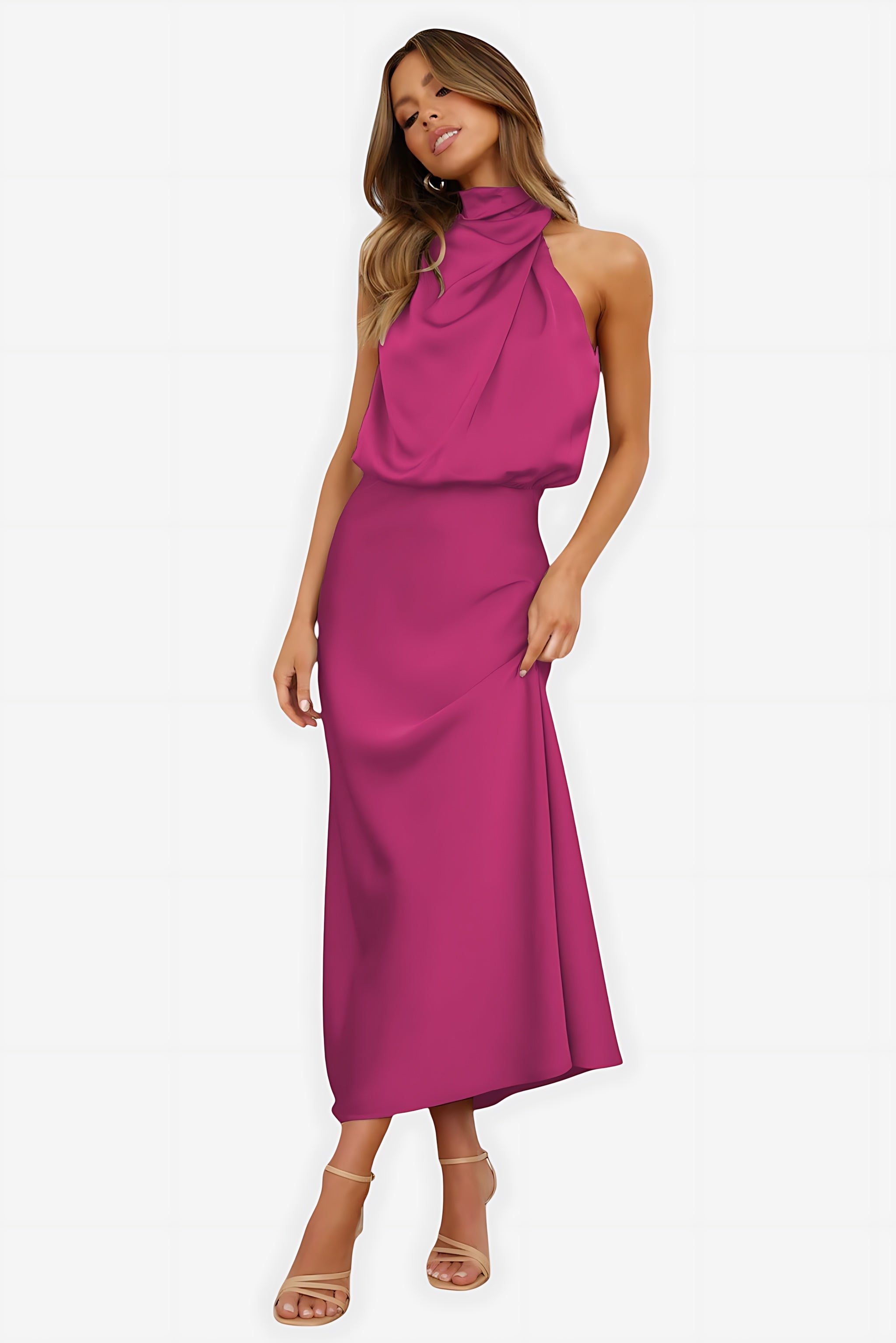 Abigail – Satin Halter Neck Cocktail Midi Dress