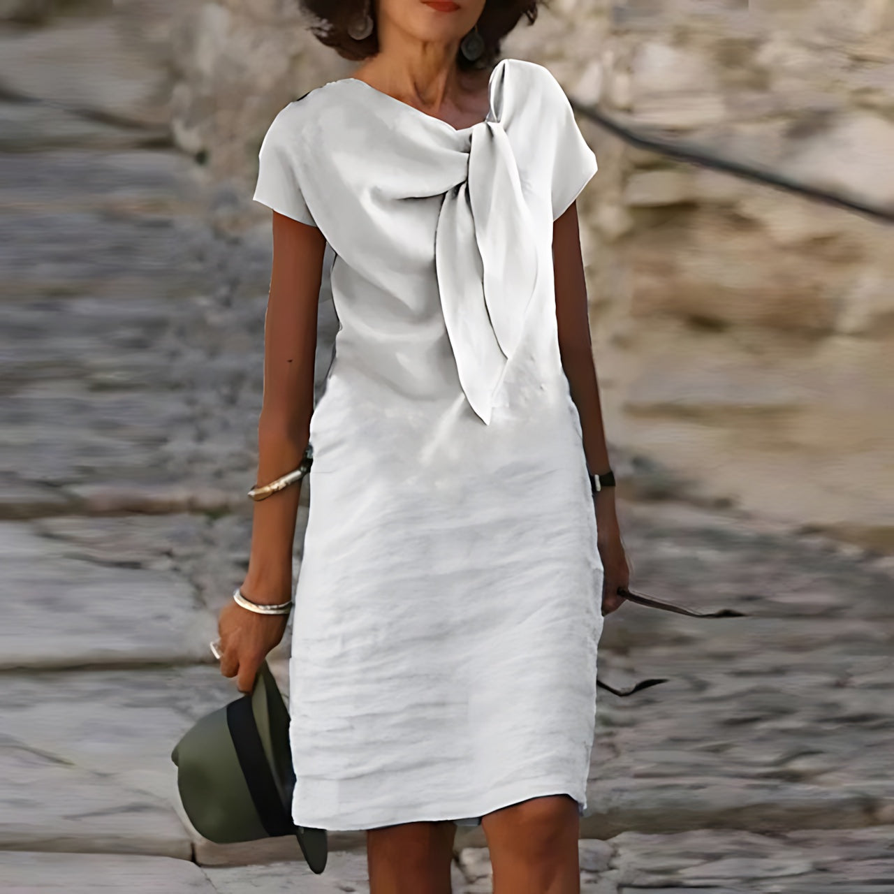 Ada – Bow Neck Short Sleeve Wedding Guest Midi Dress
