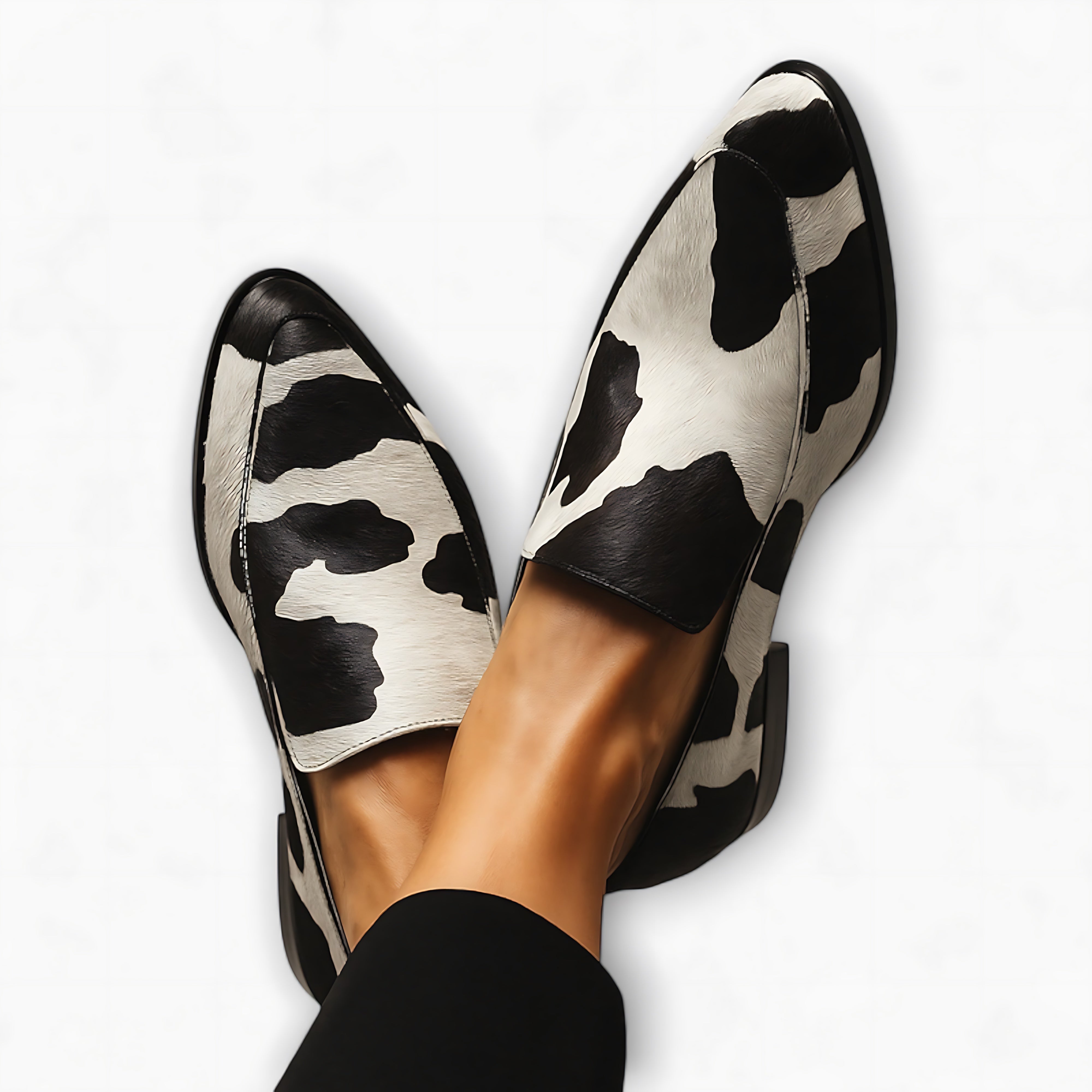 Adaline – Cow Print Pointed Toe Loafers