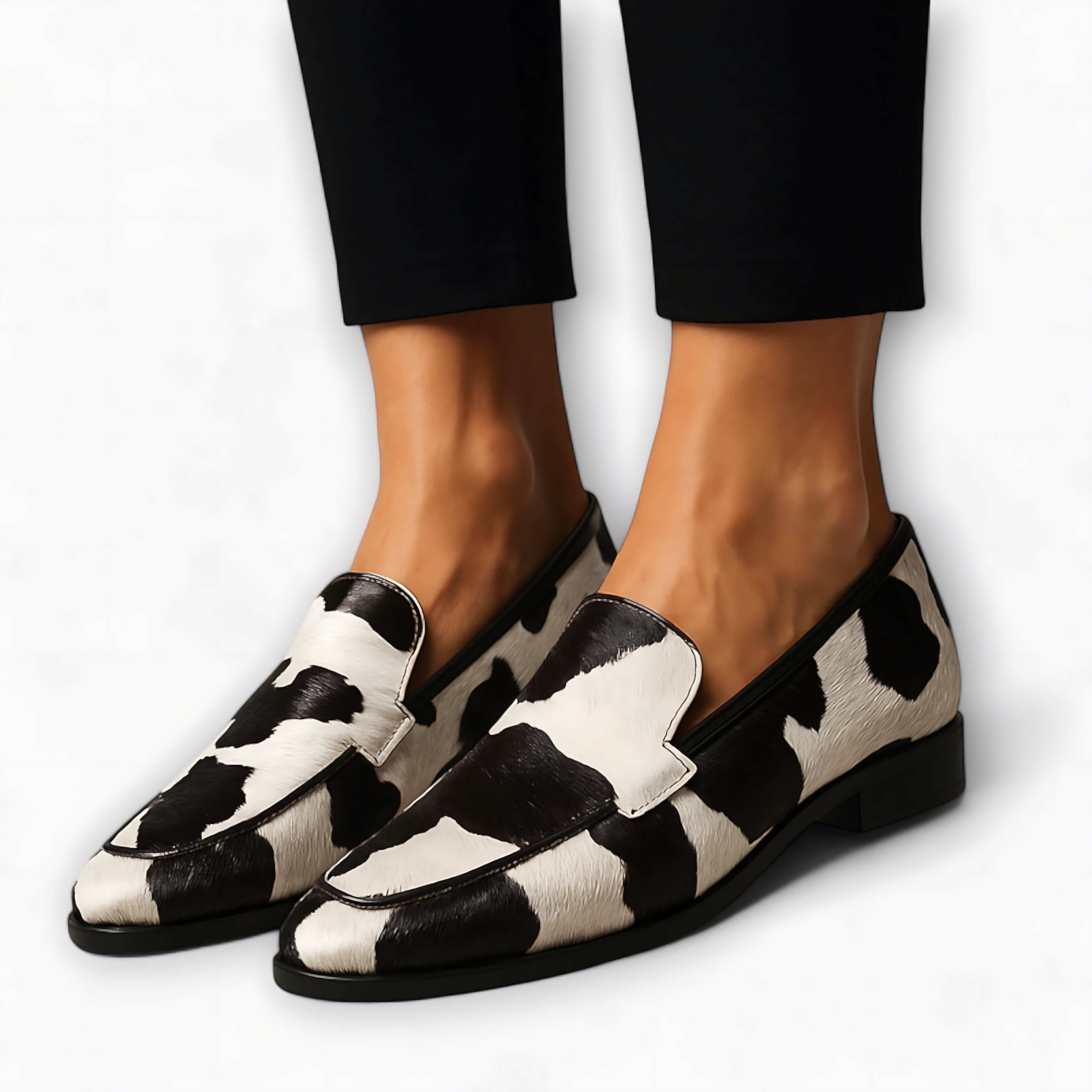 Adaline – Cow Print Pointed Toe Loafers