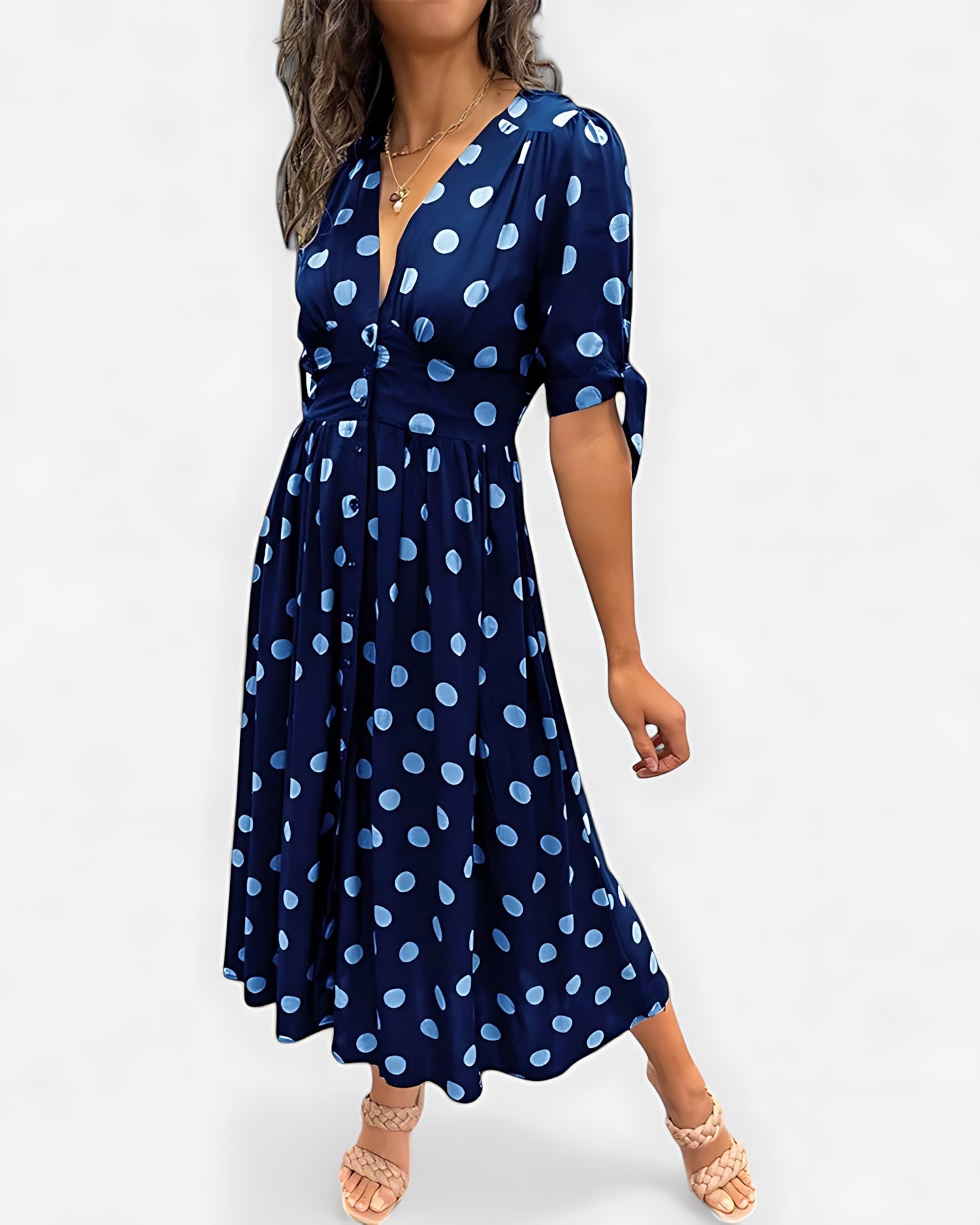 Adaline – Polka Dot Ruffle Sleeve V Neck Midi Dress