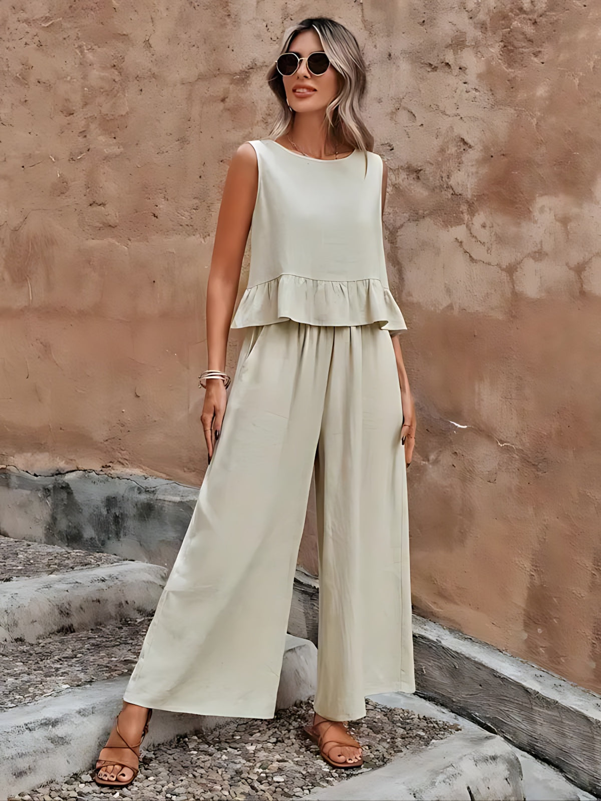 Adaline – Ruffle Peplum Top and Wide Leg Pants Set