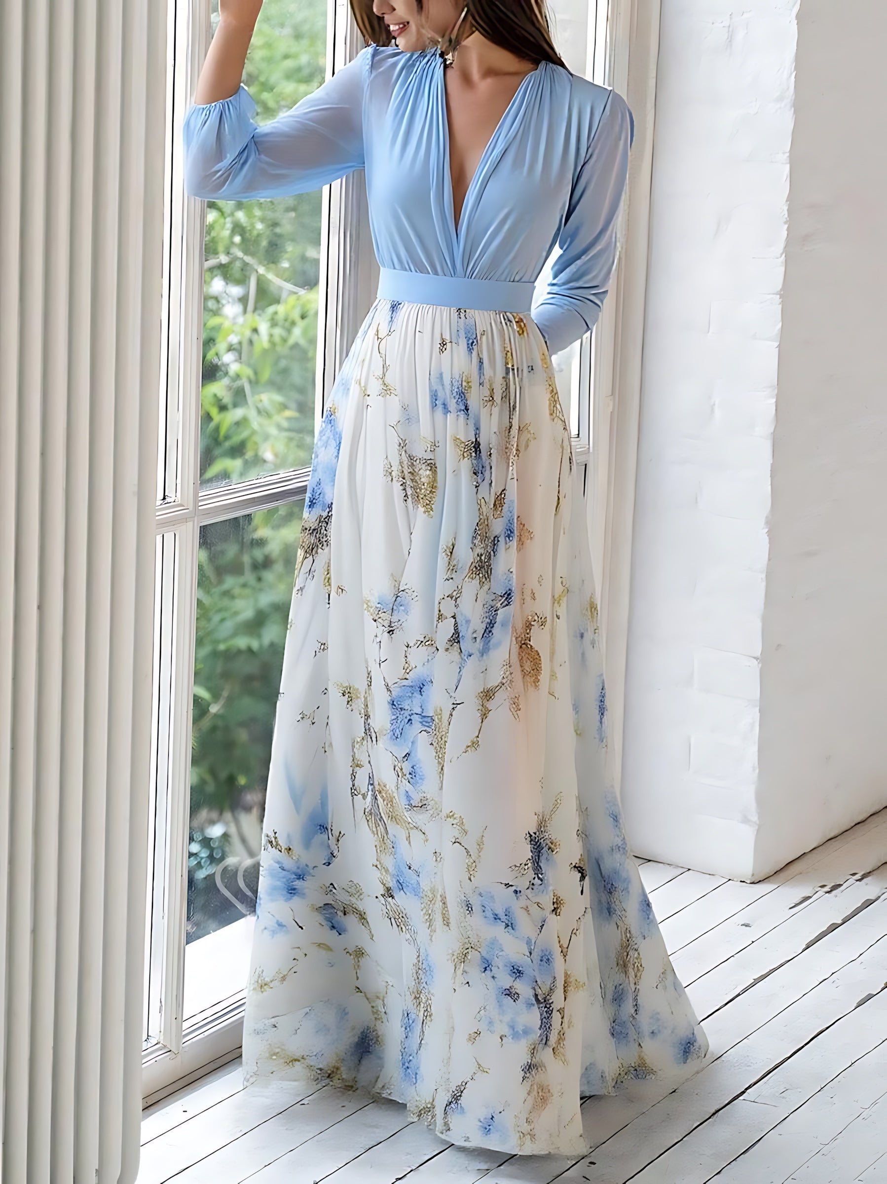 Adaline – V Neck Long Sleeve Floral Print Maxi Dress