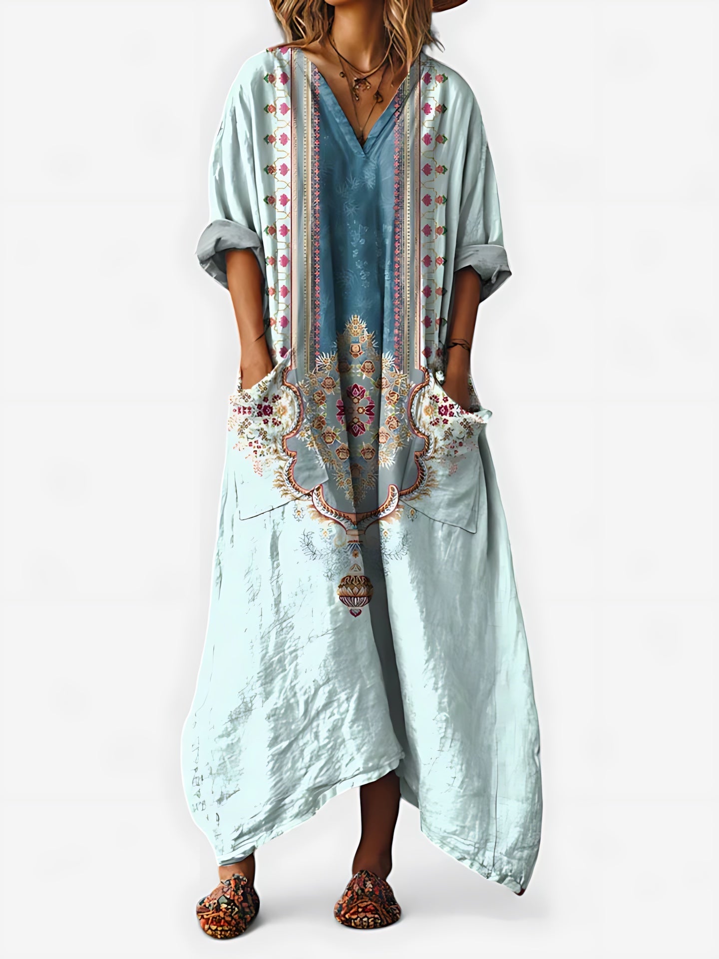 Adalynn – Boho Print Kimono Sleeve Kaftan Maxi Dress