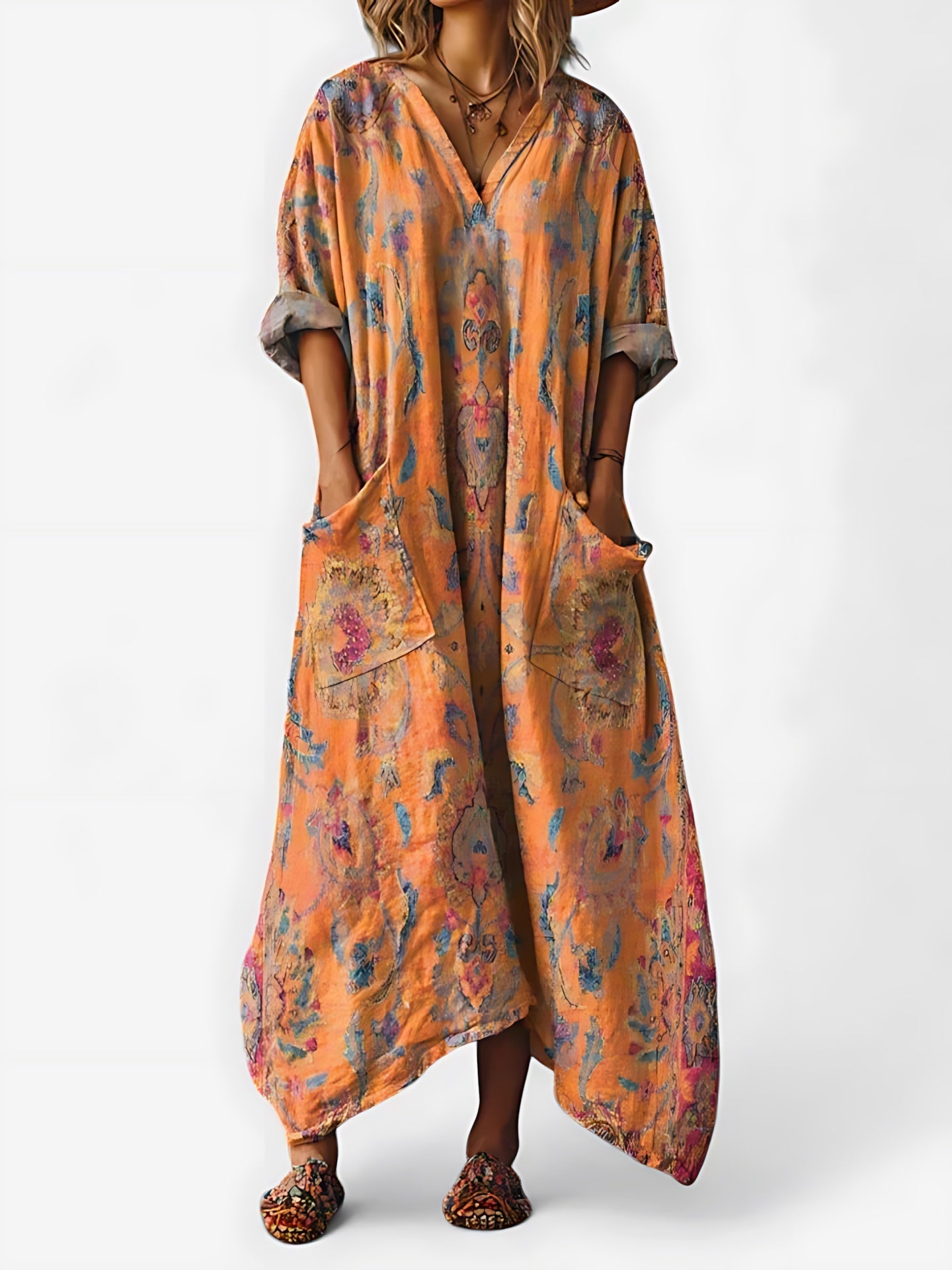 Adalynn – Boho Print Kimono Sleeve Kaftan Maxi Dress