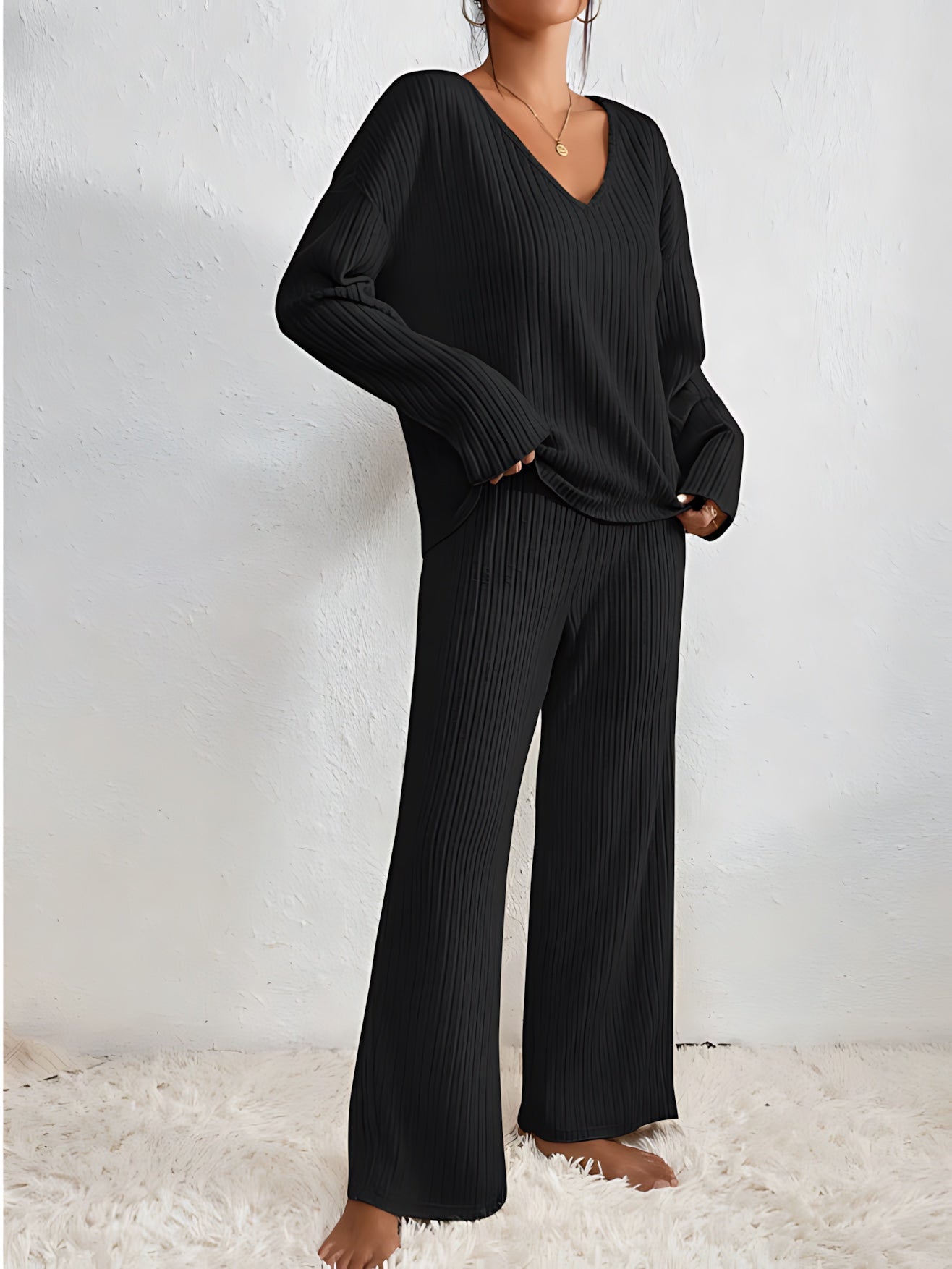 Adalynn – V Neck Knit Sweater and Wide Leg Pants Set
