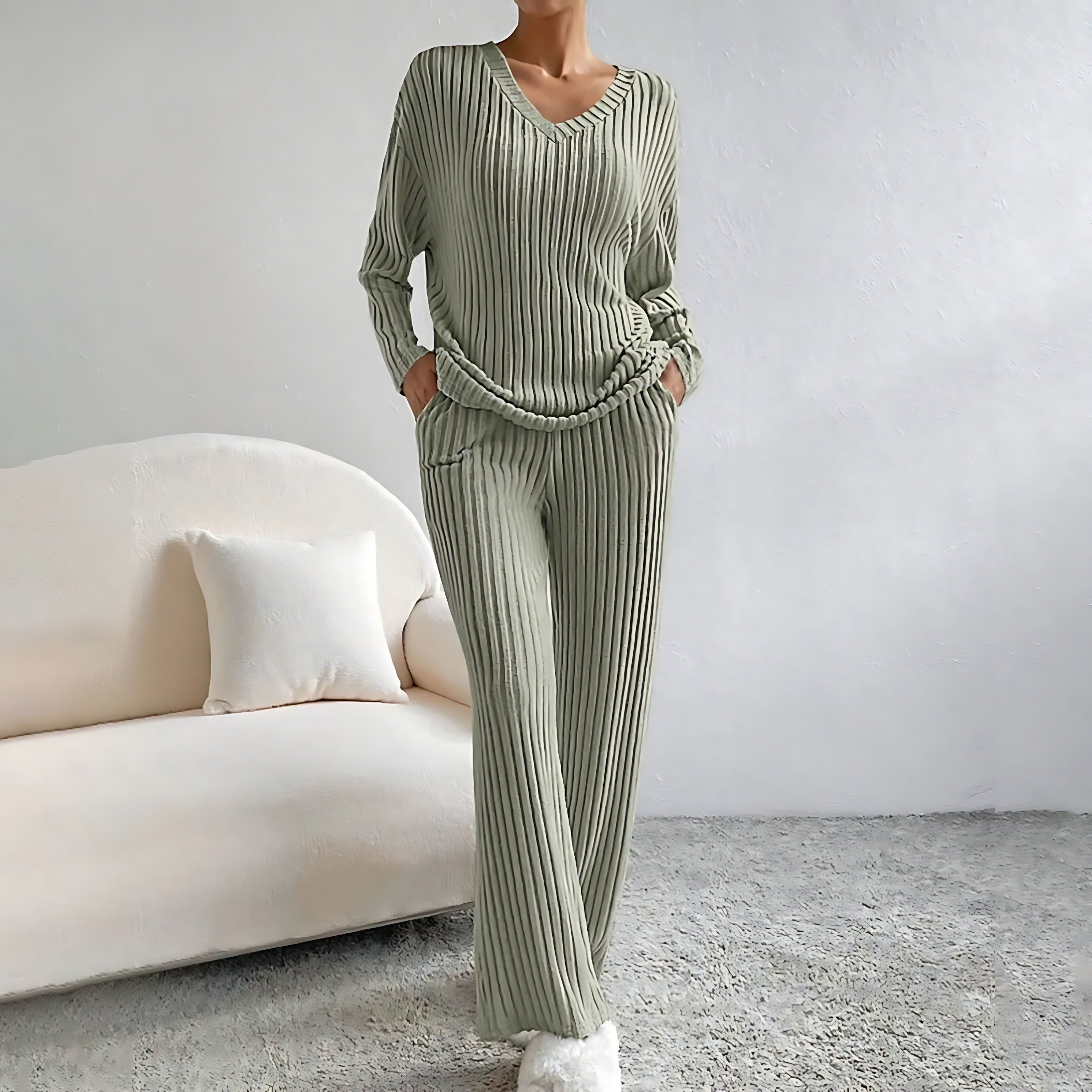 Adalynn – V Neck Knit Sweater and Wide Leg Pants Set