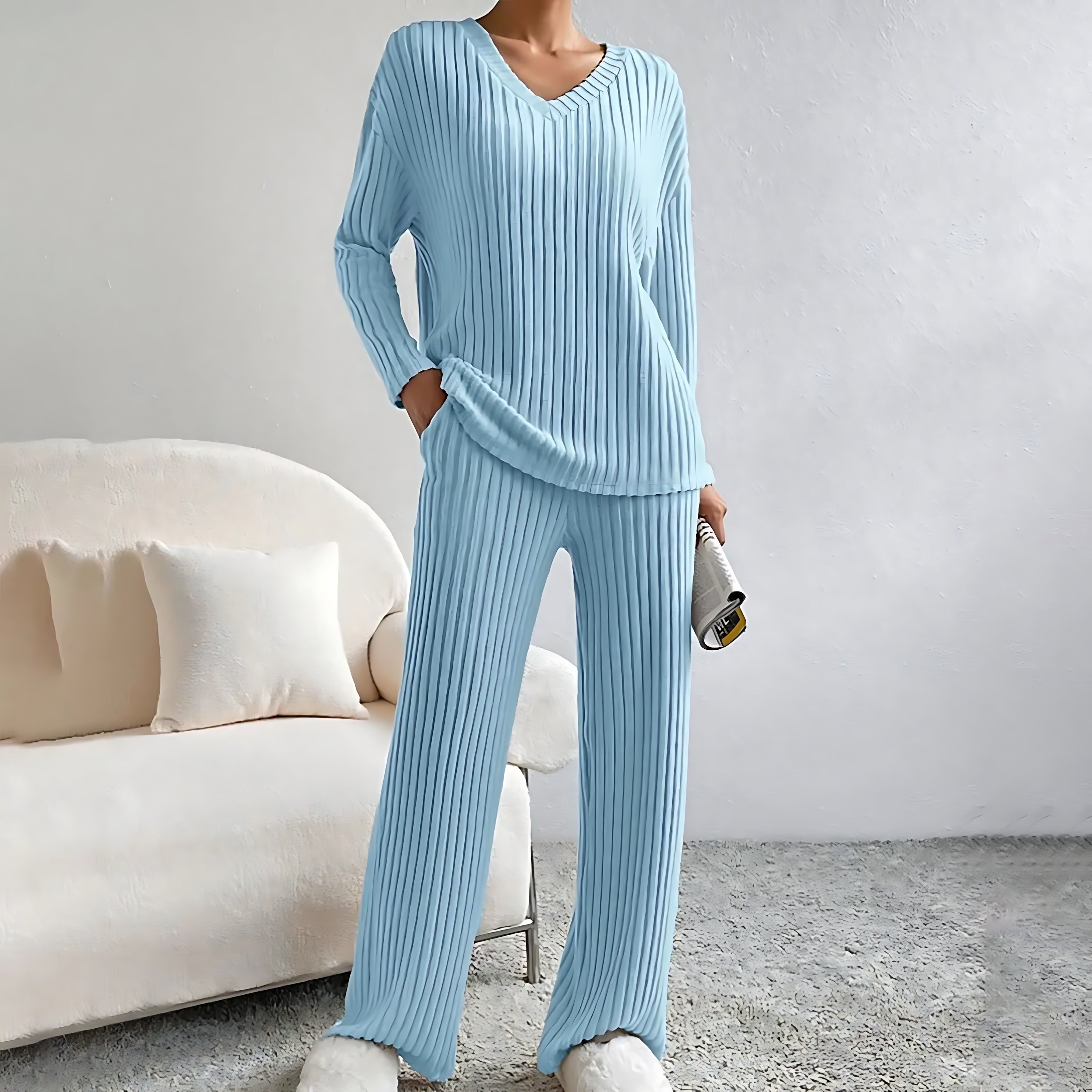 Adalynn – V Neck Knit Sweater and Wide Leg Pants Set