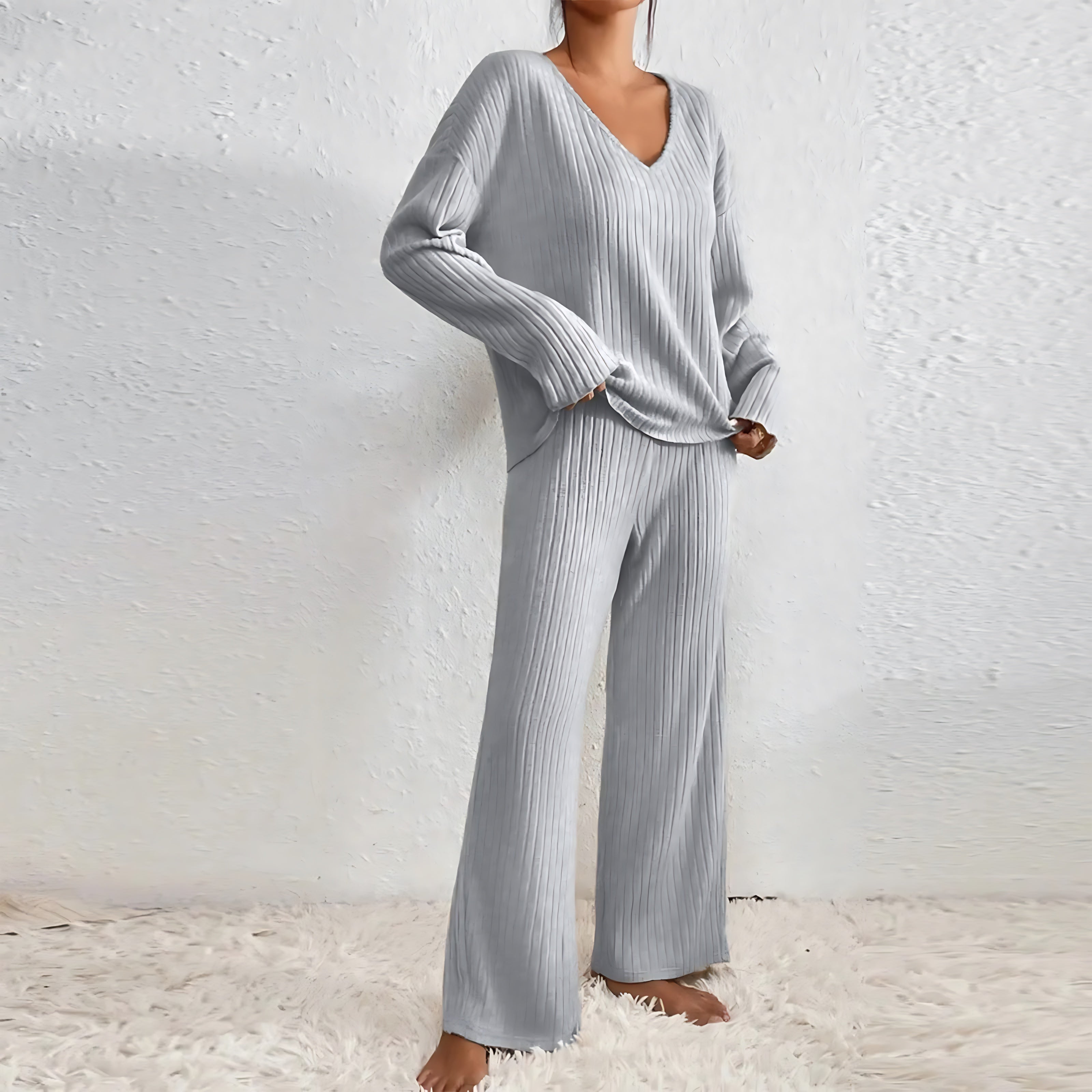 Adalynn – V Neck Knit Sweater and Wide Leg Pants Set