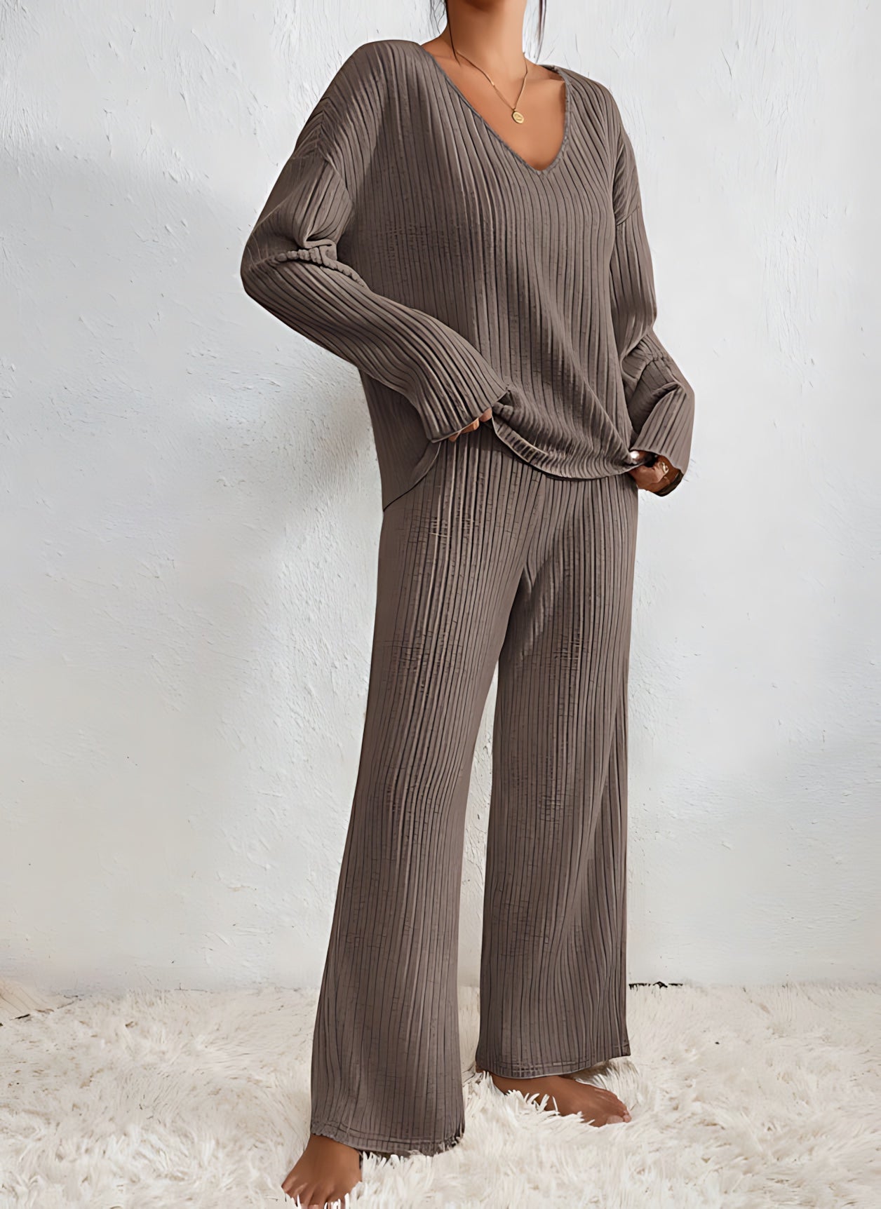 Adalynn – V Neck Knit Sweater and Wide Leg Pants Set