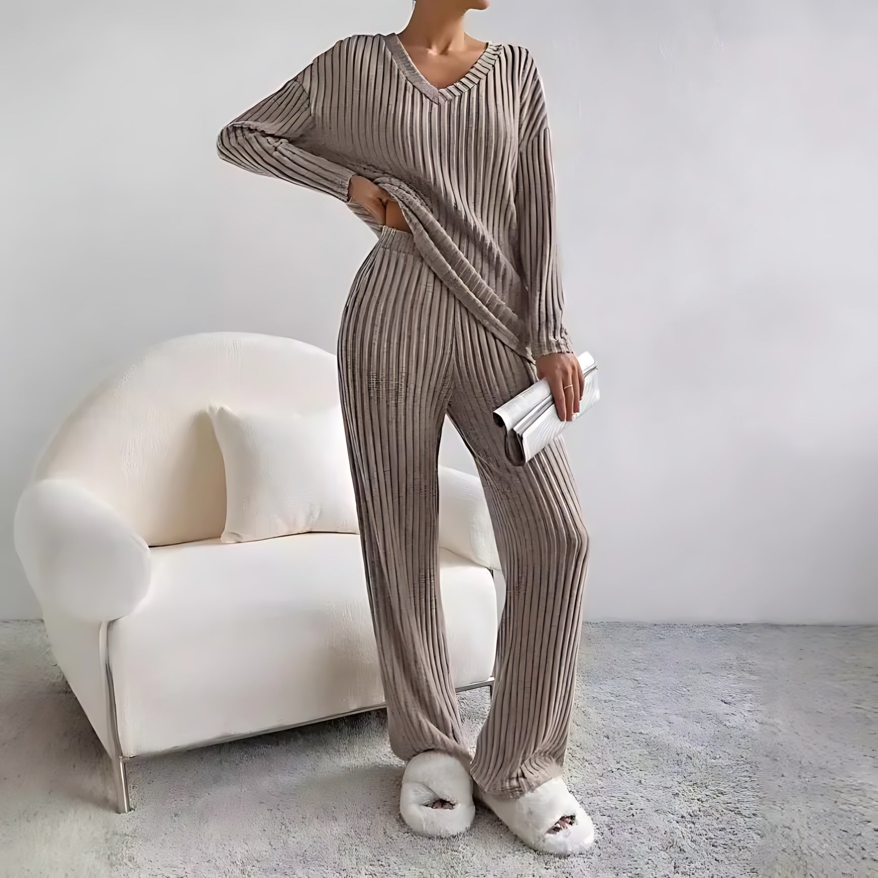 Adalynn – V Neck Knit Sweater and Wide Leg Pants Set