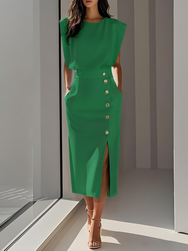 Sophie – Round Neck Bodycon Side Slit Midi Dress