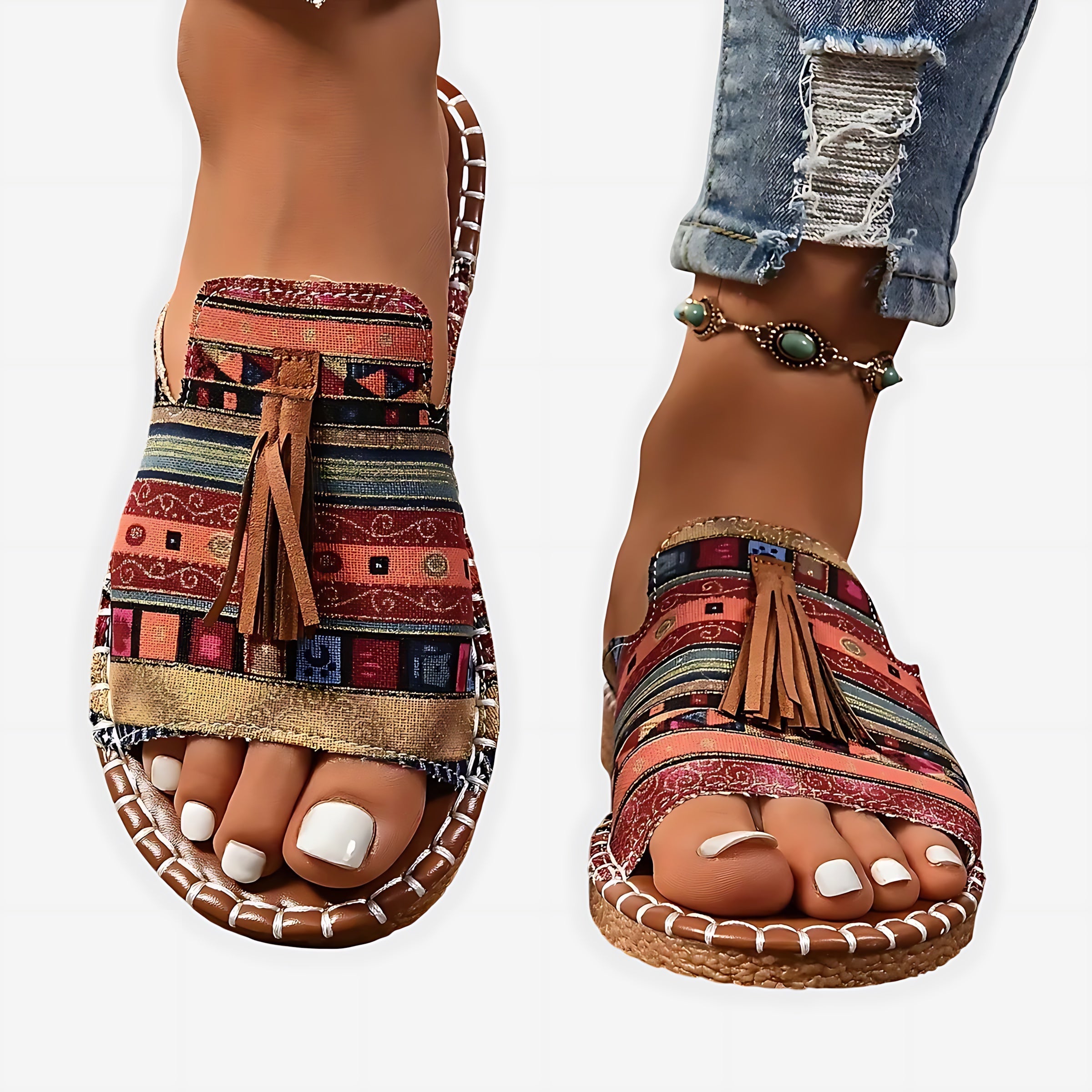 Adelaide – Boho Print Beaded Slide Sandals