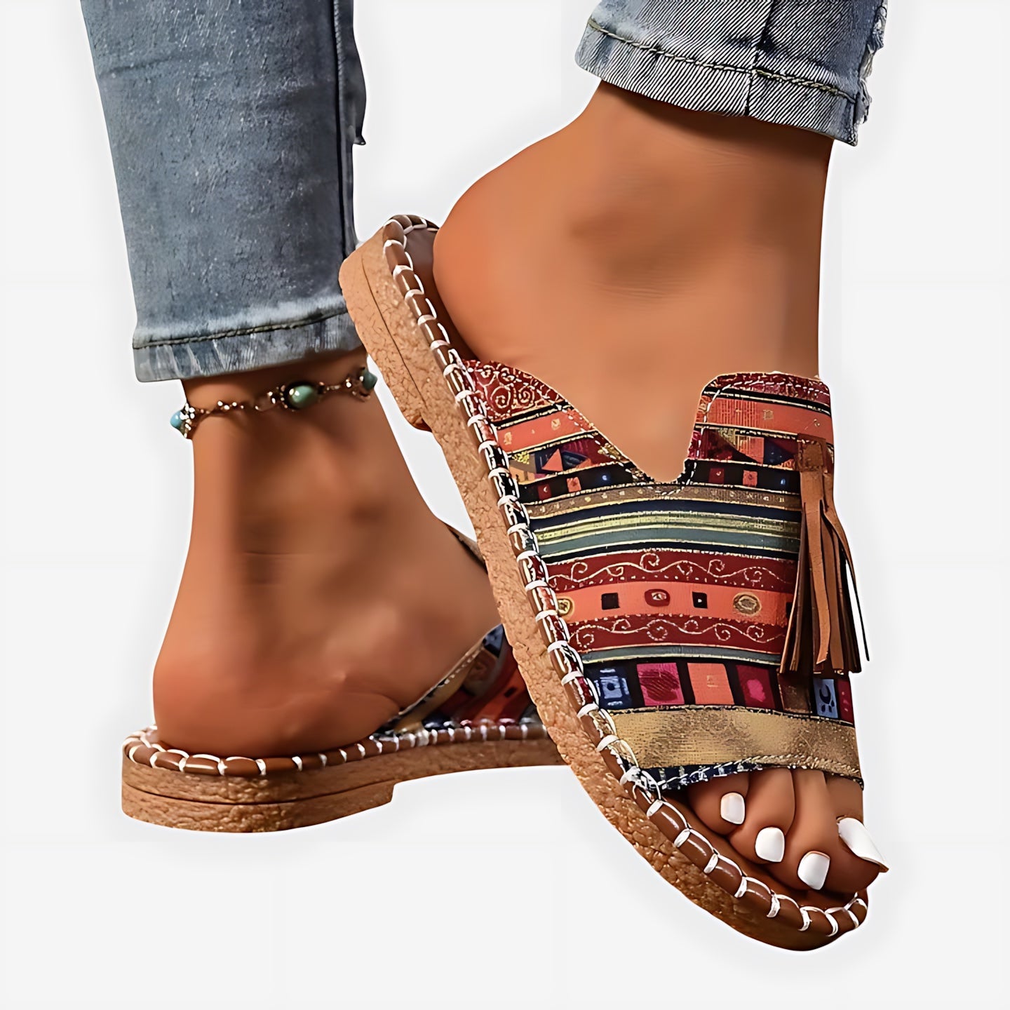 Adelaide – Boho Print Beaded Slide Sandals
