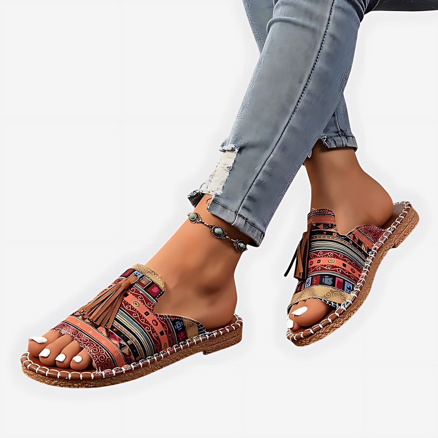 Adelaide – Boho Print Beaded Slide Sandals
