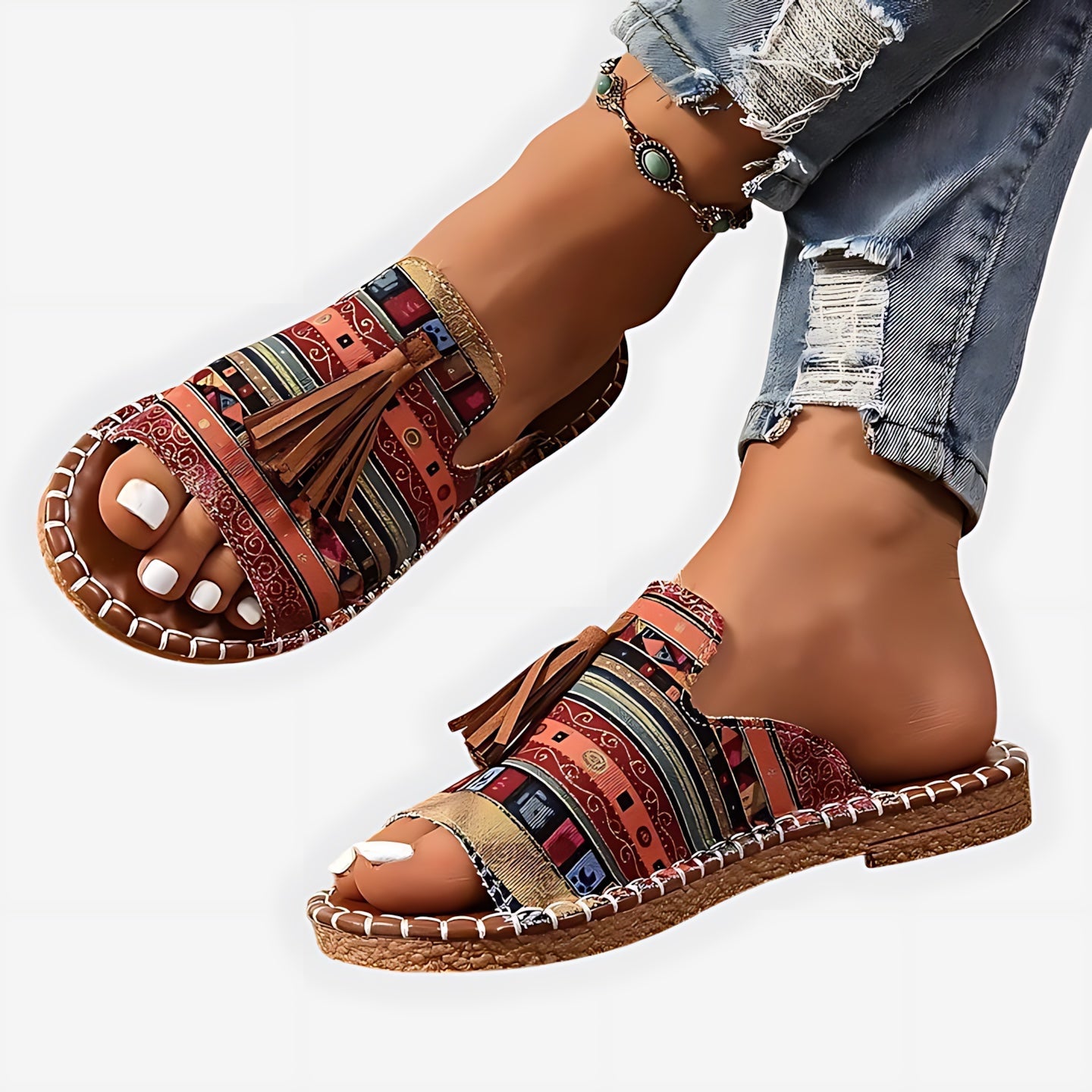Adelaide – Boho Print Beaded Slide Sandals