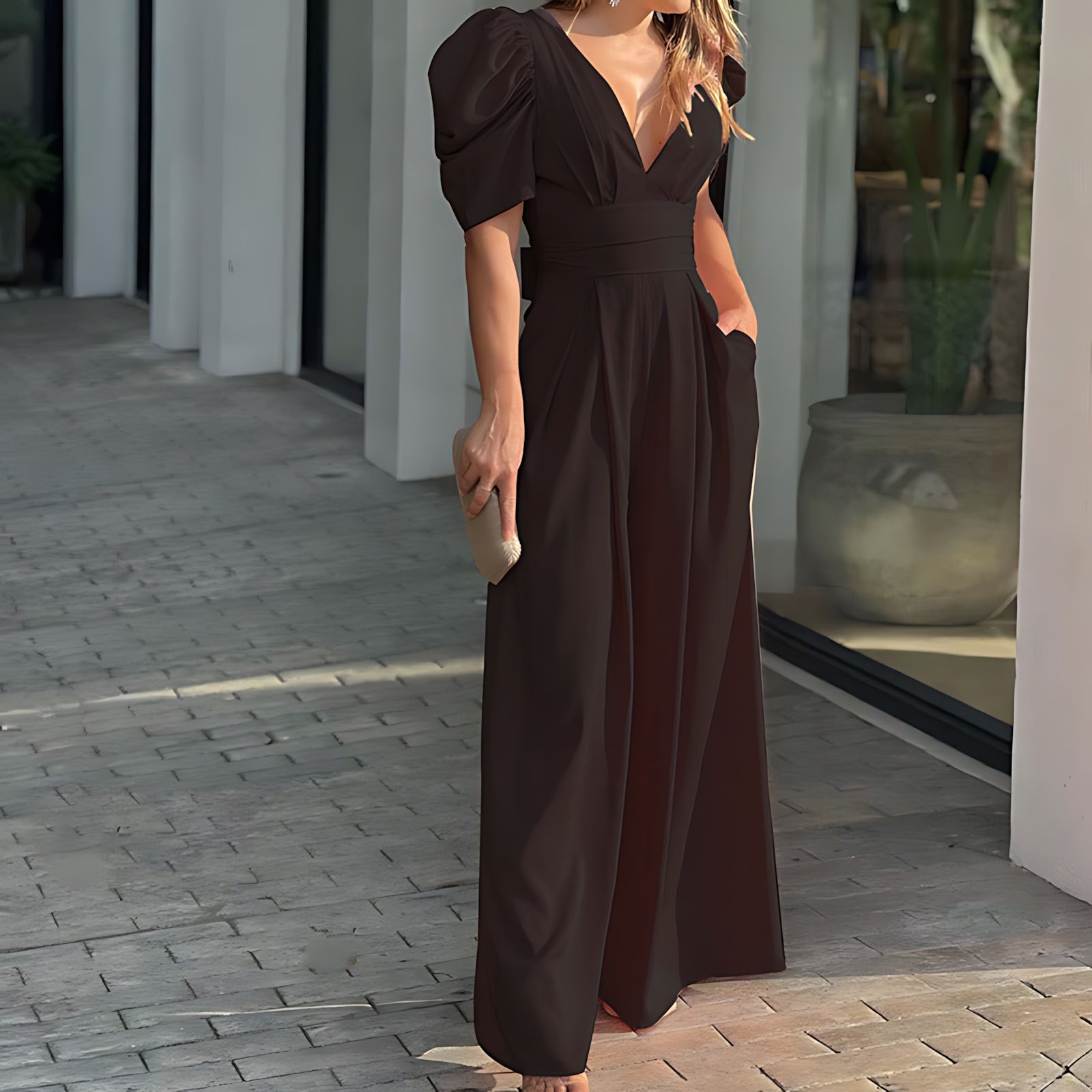 Adelaide – Puff Sleeve V Neck Wide Leg Jumpsuit