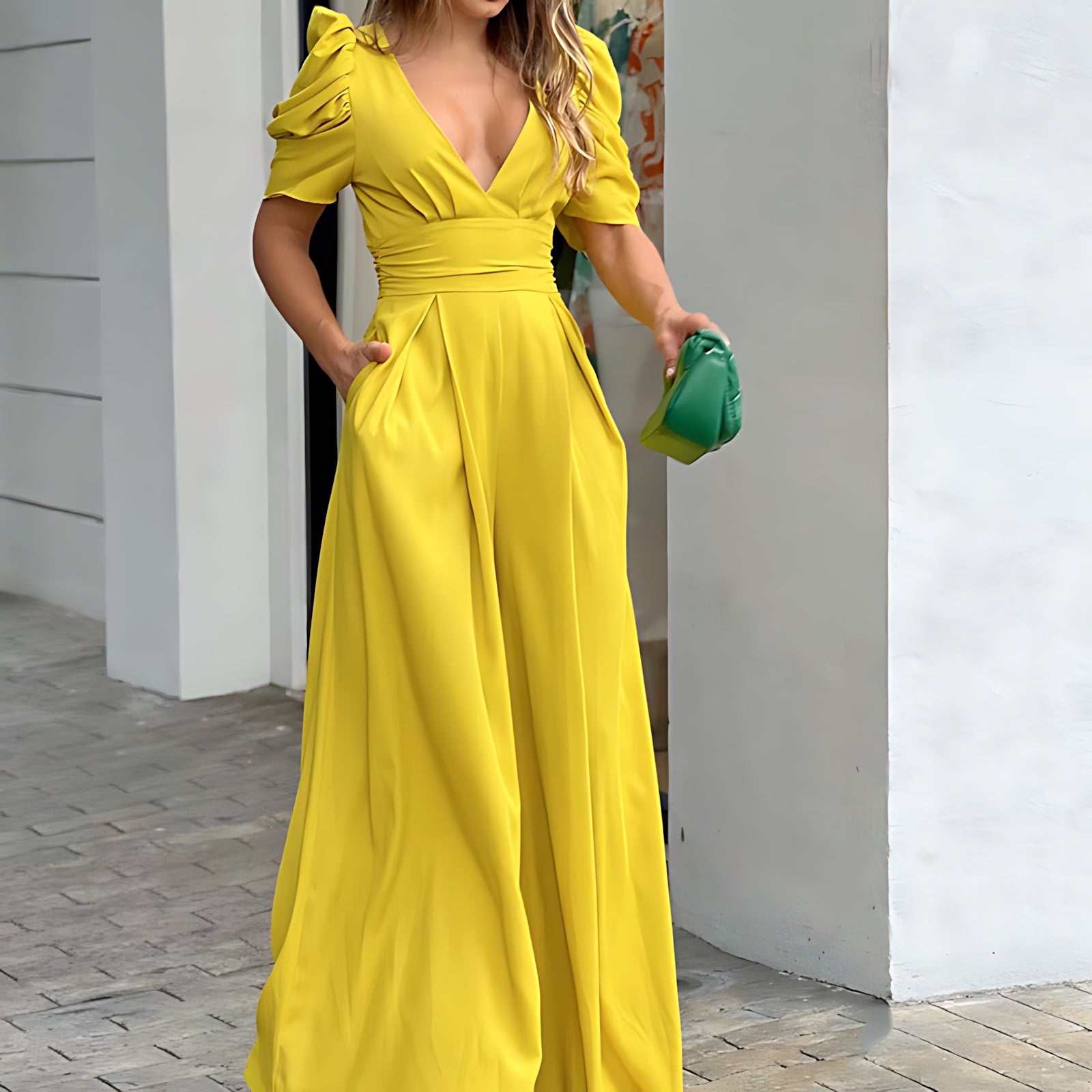 Adelaide – Puff Sleeve V Neck Wide Leg Jumpsuit