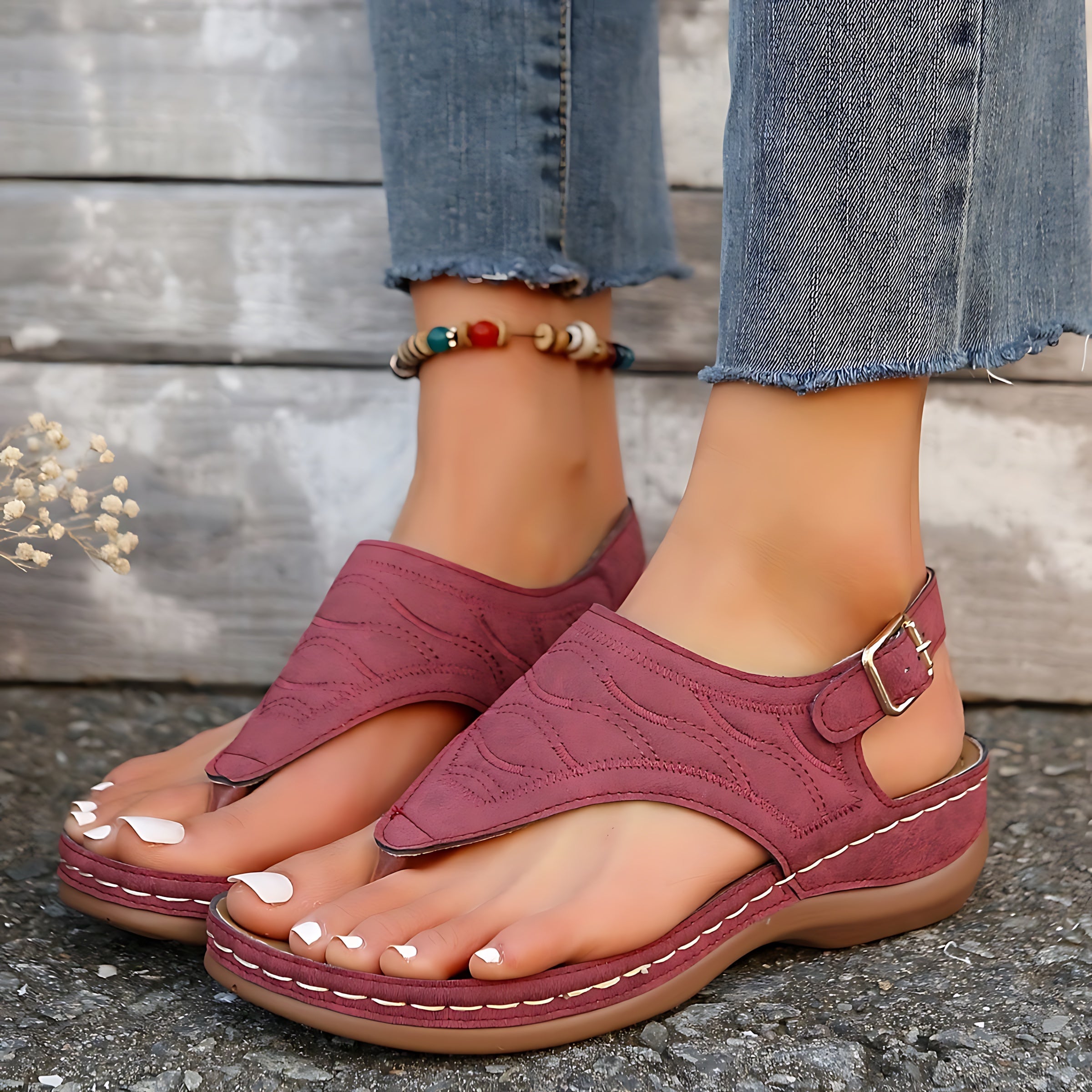 Adelaide – Studded Toe Post Low Wedge Sandals