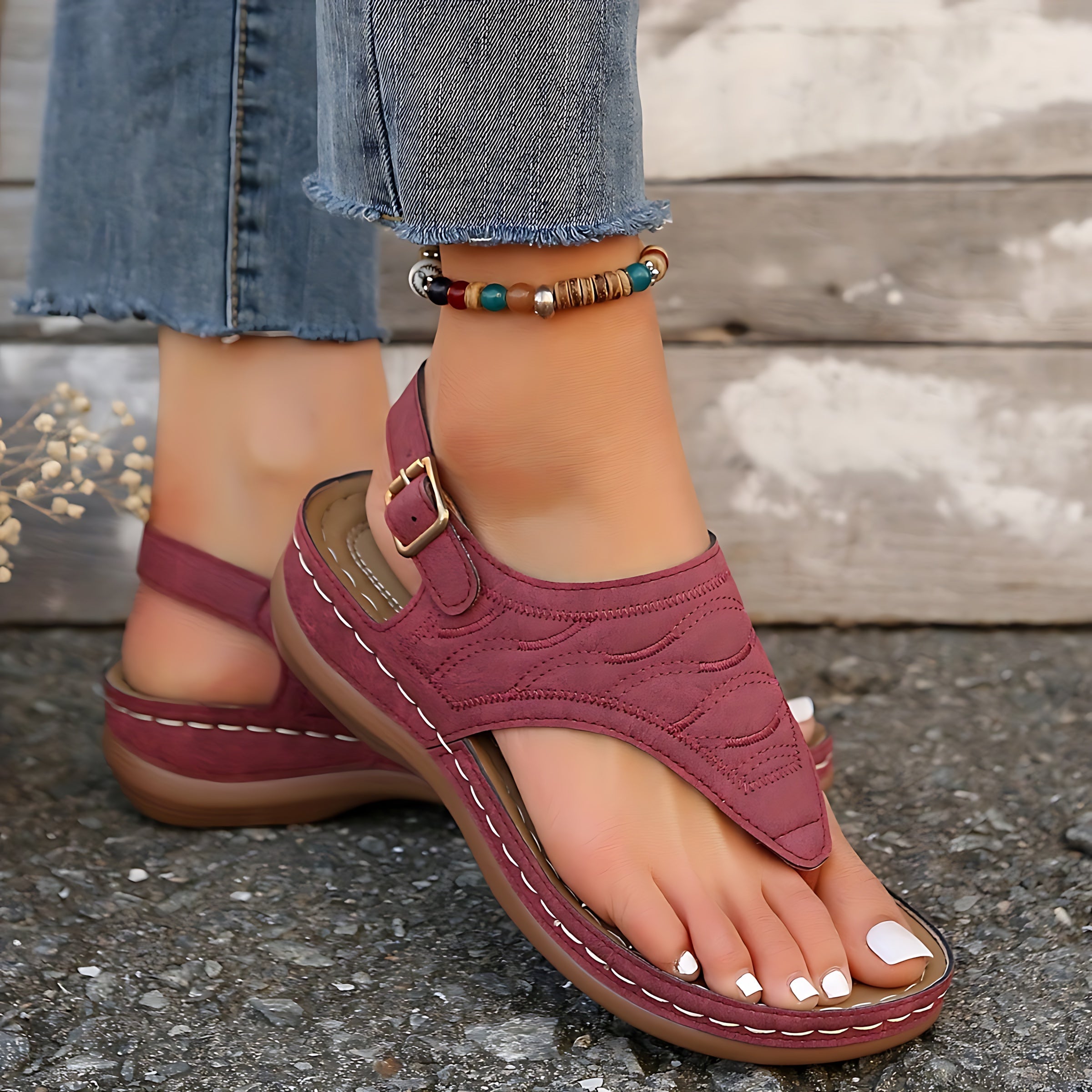 Adelaide – Studded Toe Post Low Wedge Sandals