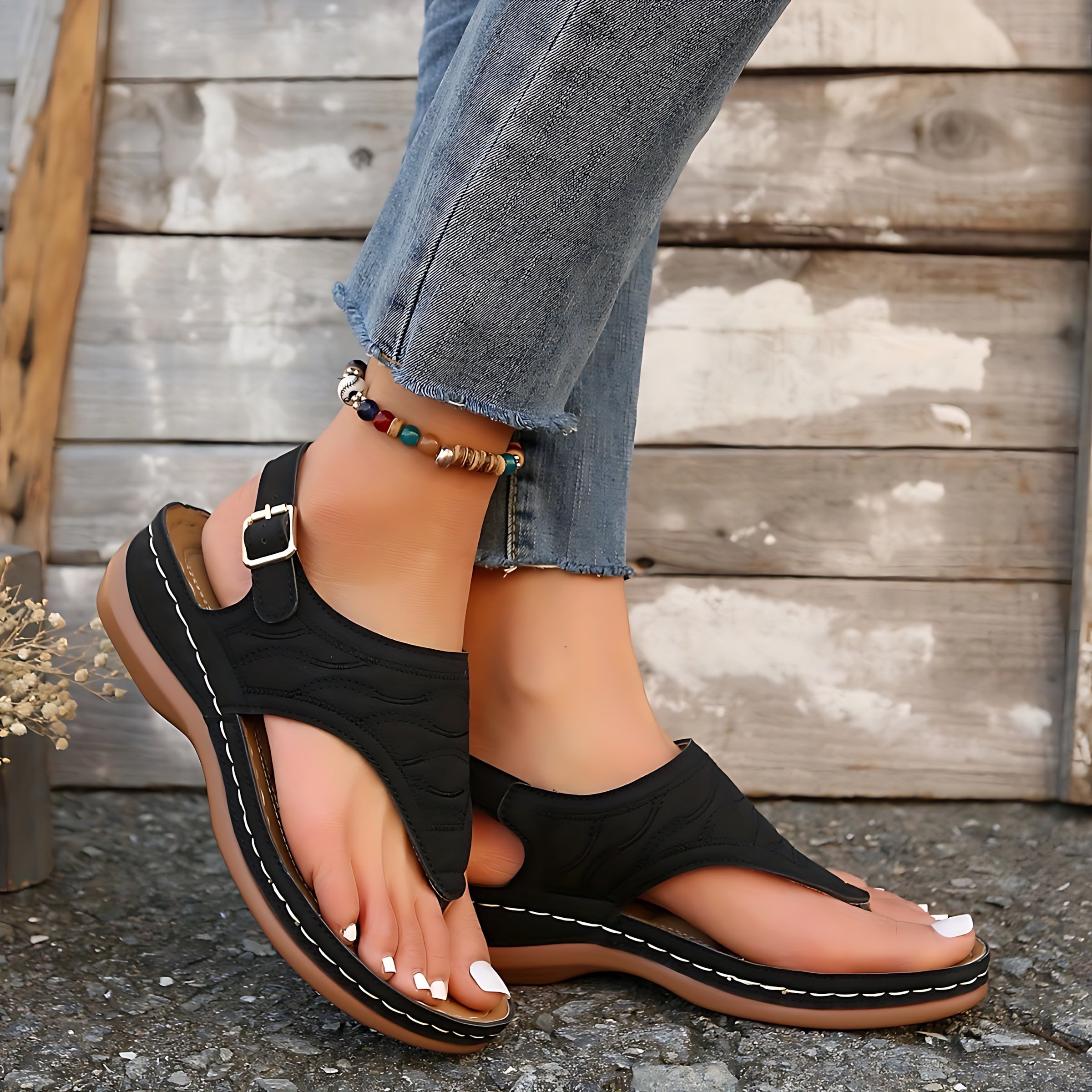 Adelaide – Studded Toe Post Low Wedge Sandals