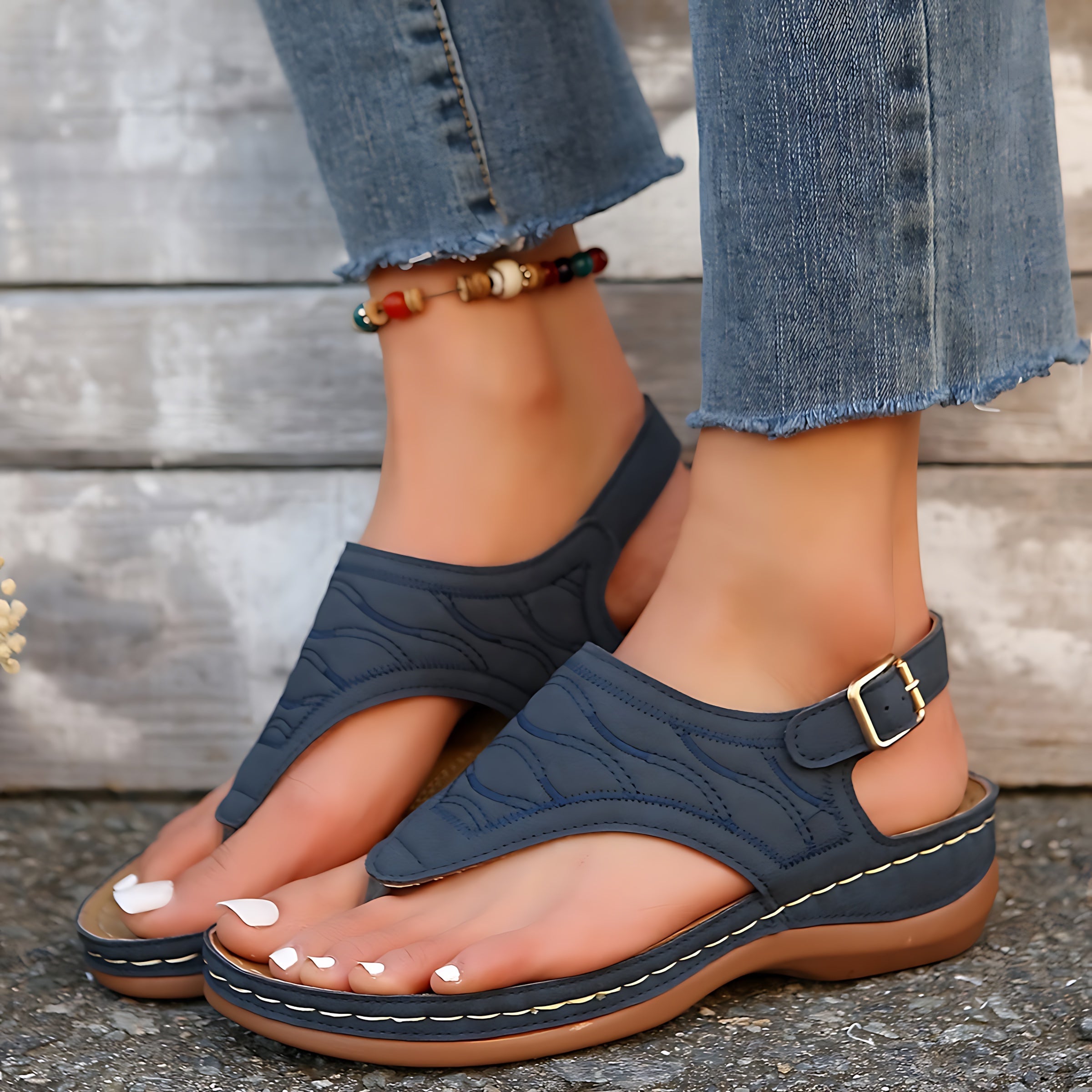 Adelaide – Studded Toe Post Low Wedge Sandals