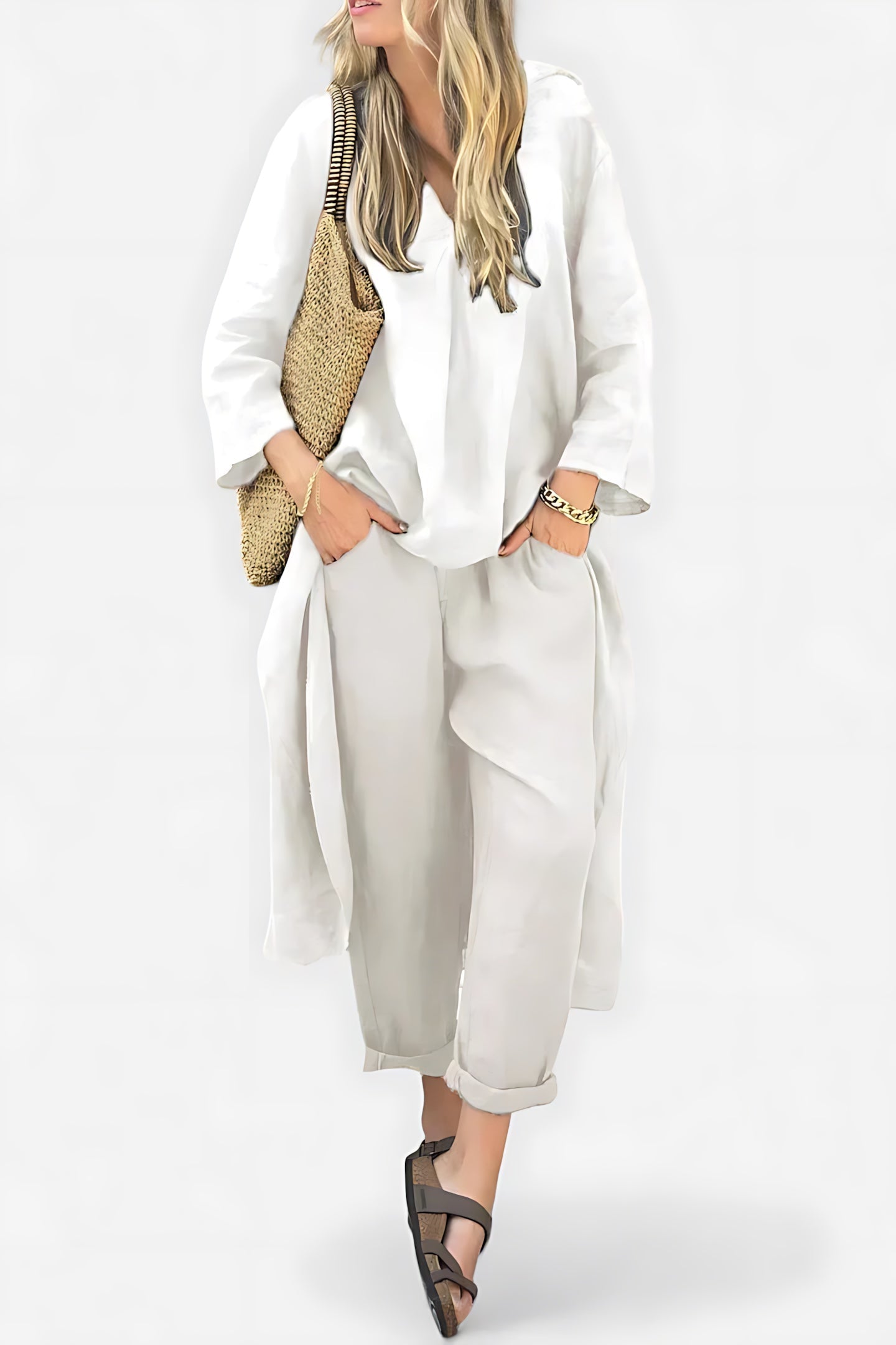 Adeline – High Low V Neck Tunic Top and Cropped Pants Set