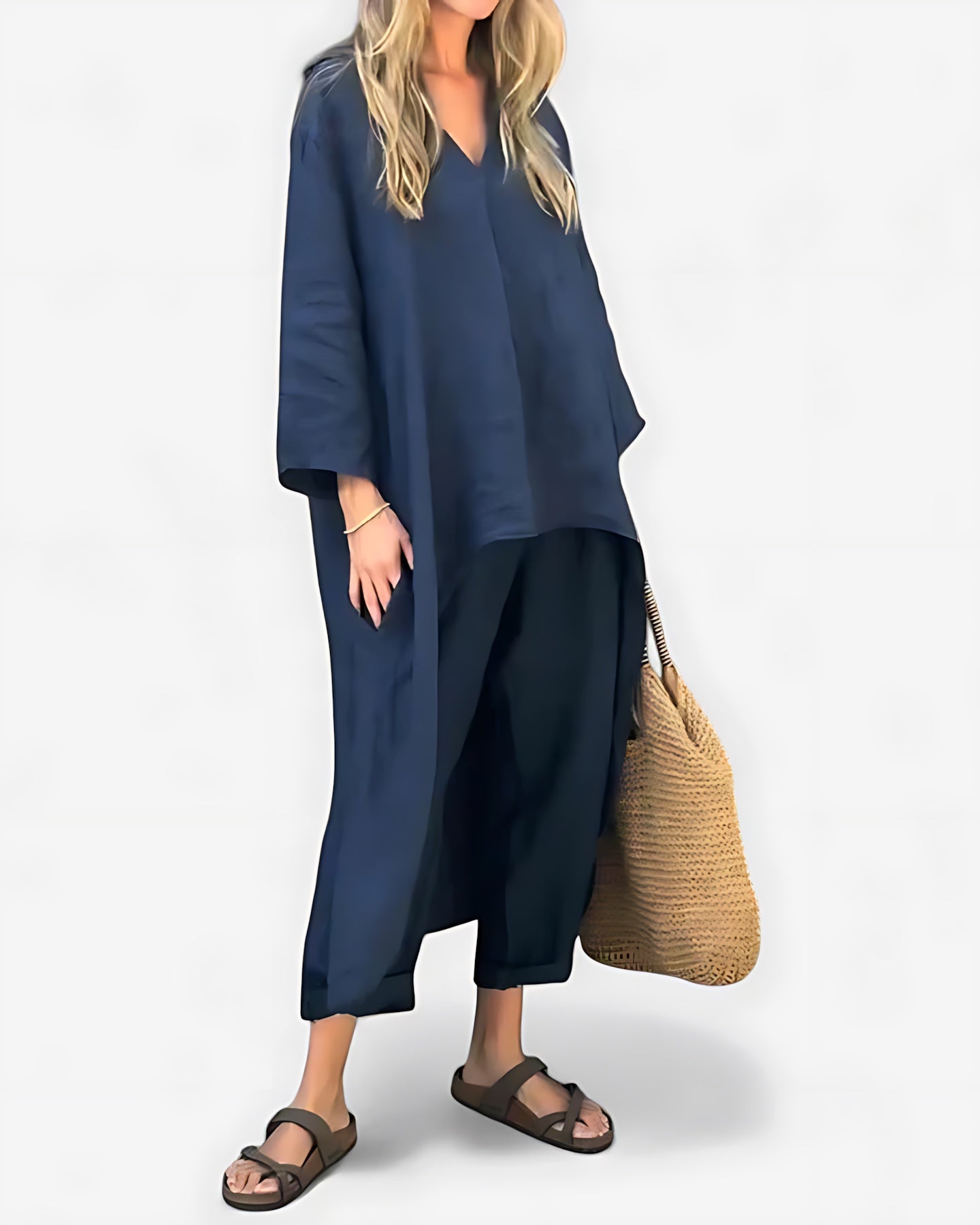 Adeline – High Low V Neck Tunic Top and Cropped Pants Set