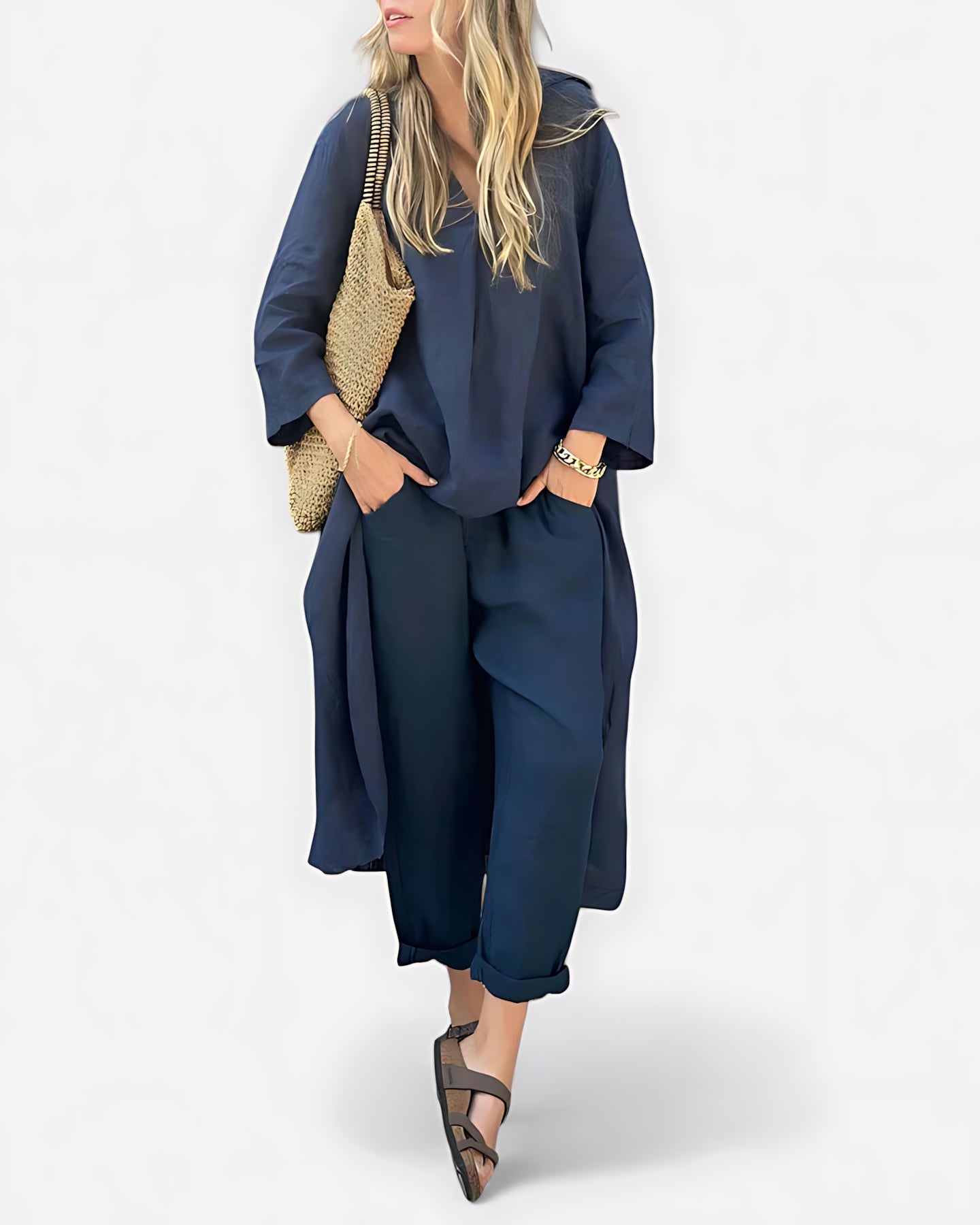 Adeline – High Low V Neck Tunic Top and Cropped Pants Set
