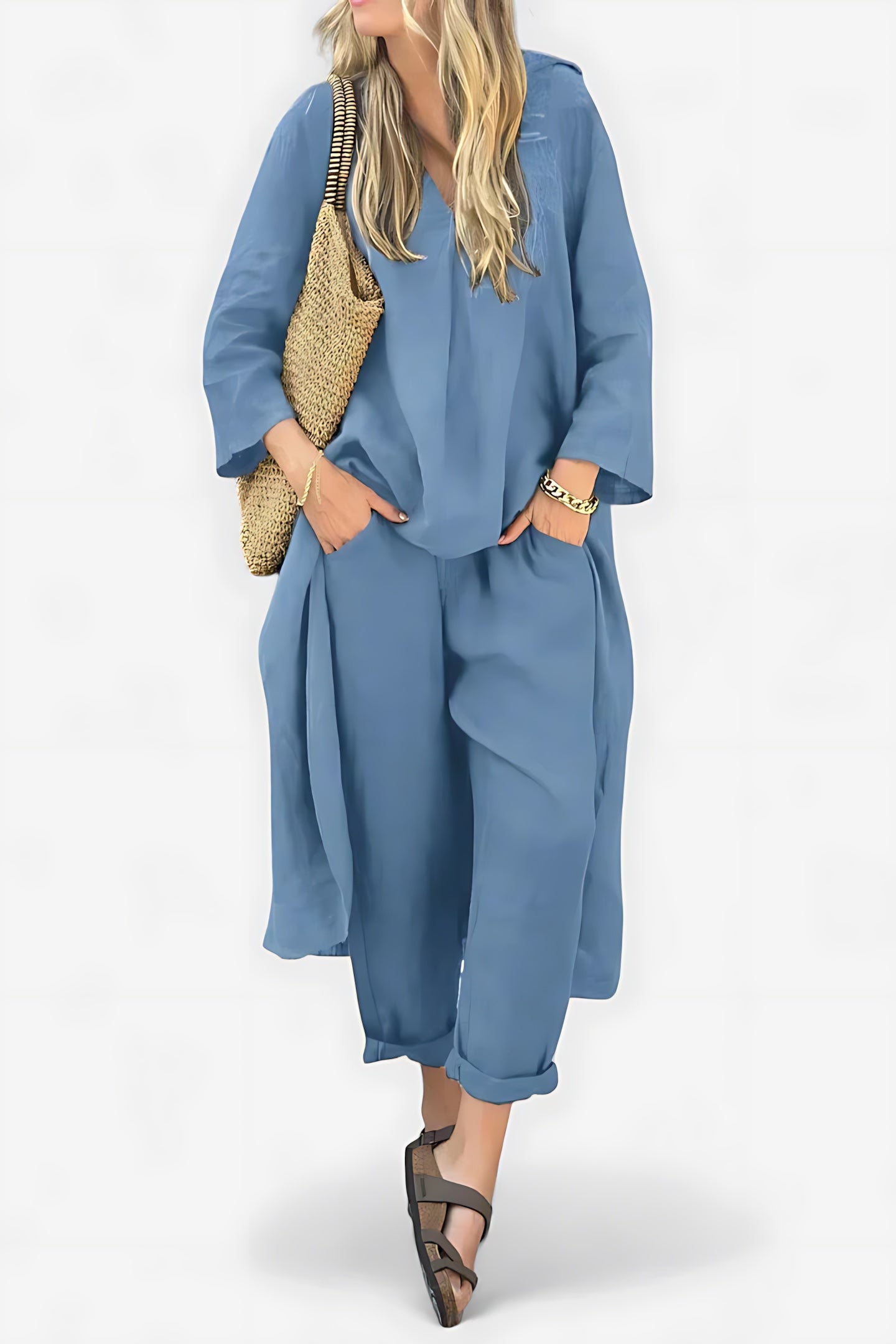 Adeline – High Low V Neck Tunic Top and Cropped Pants Set