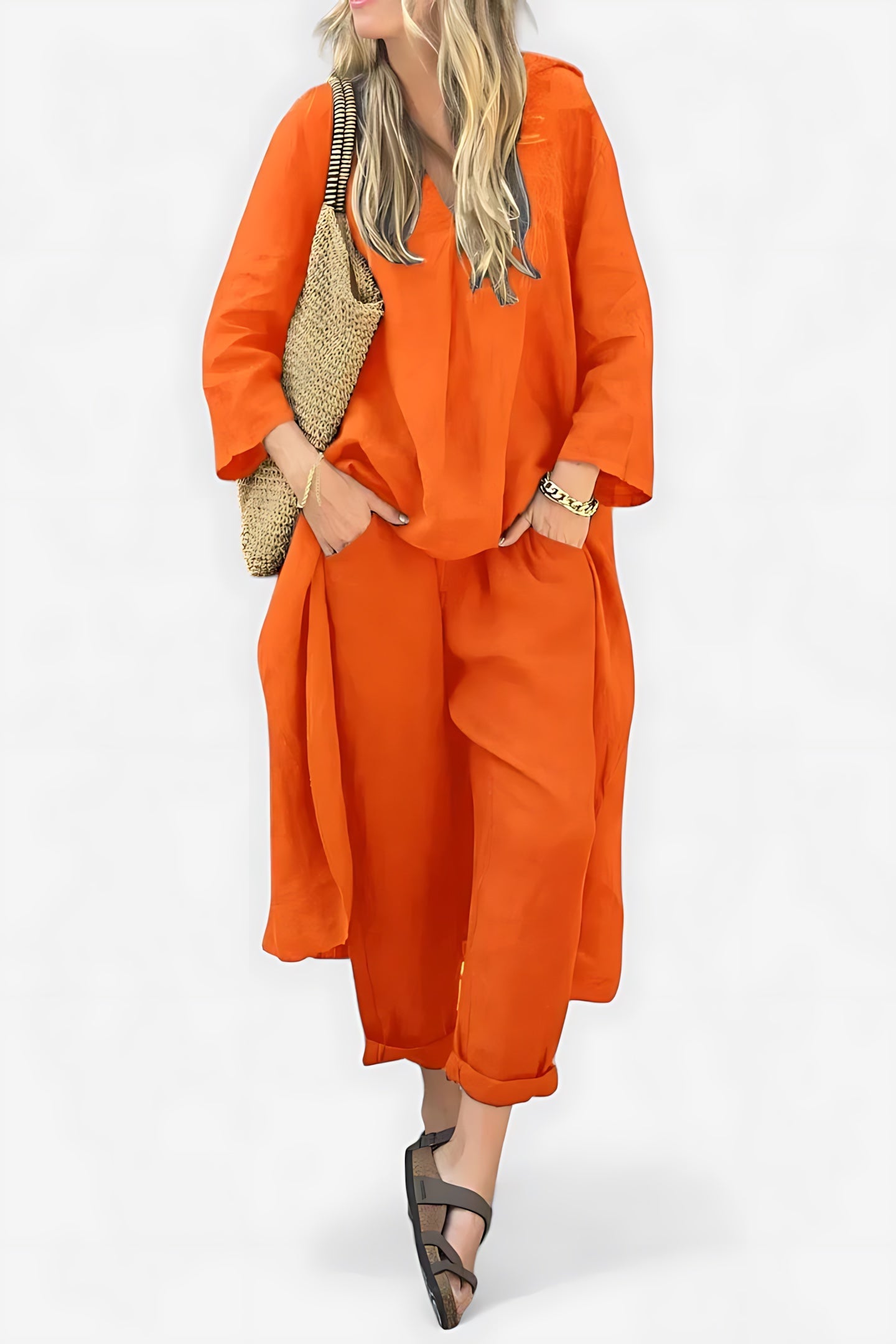 Adeline – High Low V Neck Tunic Top and Cropped Pants Set