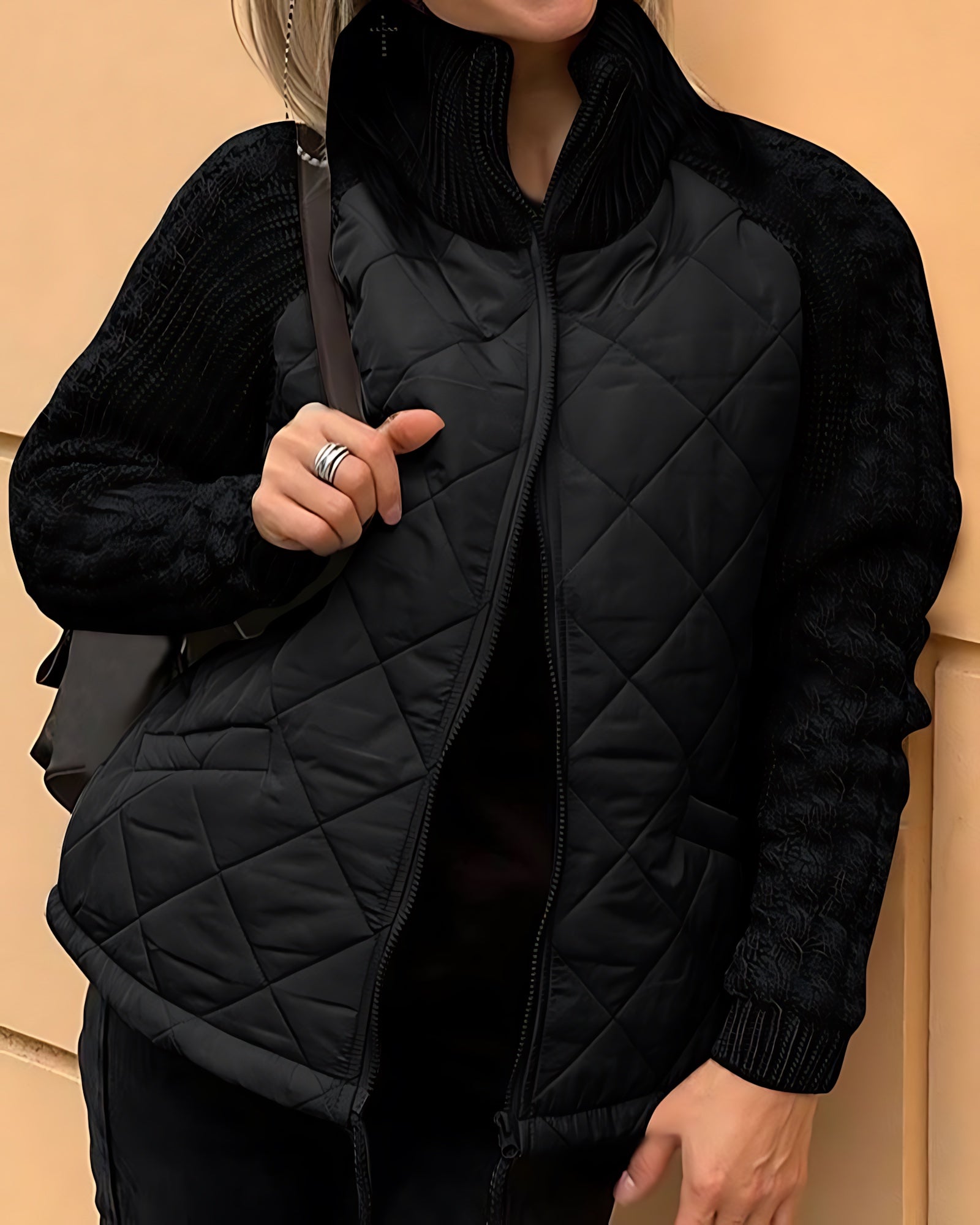 Adeline – Knit Sleeve Quilted Zip Up Jacket