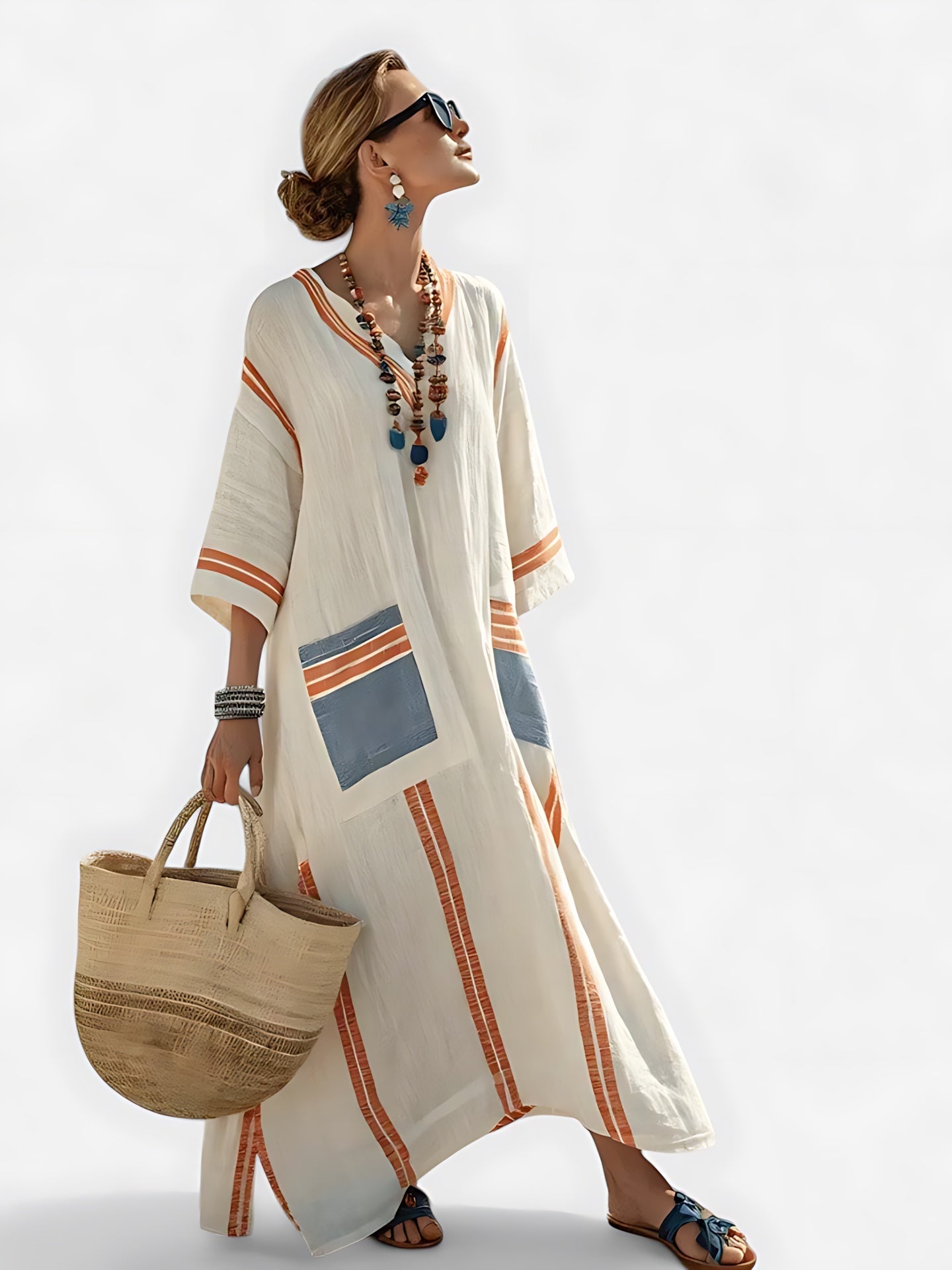 Adeline – Striped V Neck Kaftan Midi Dress