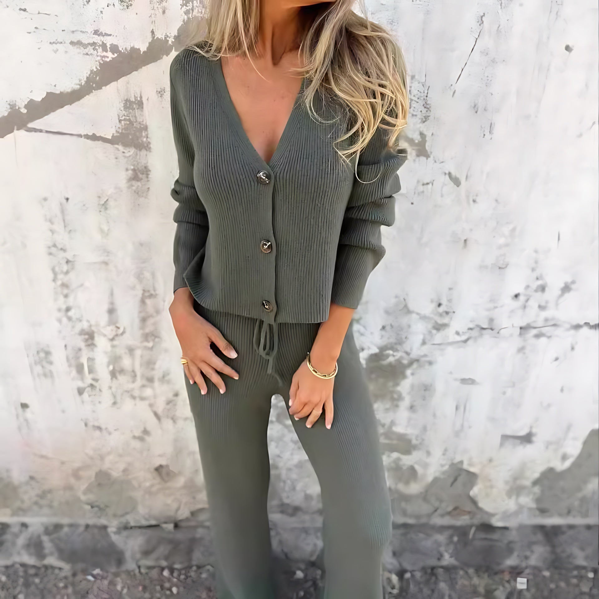 Adriana – Button Up Cardigan and Knit Pants Lounge Set