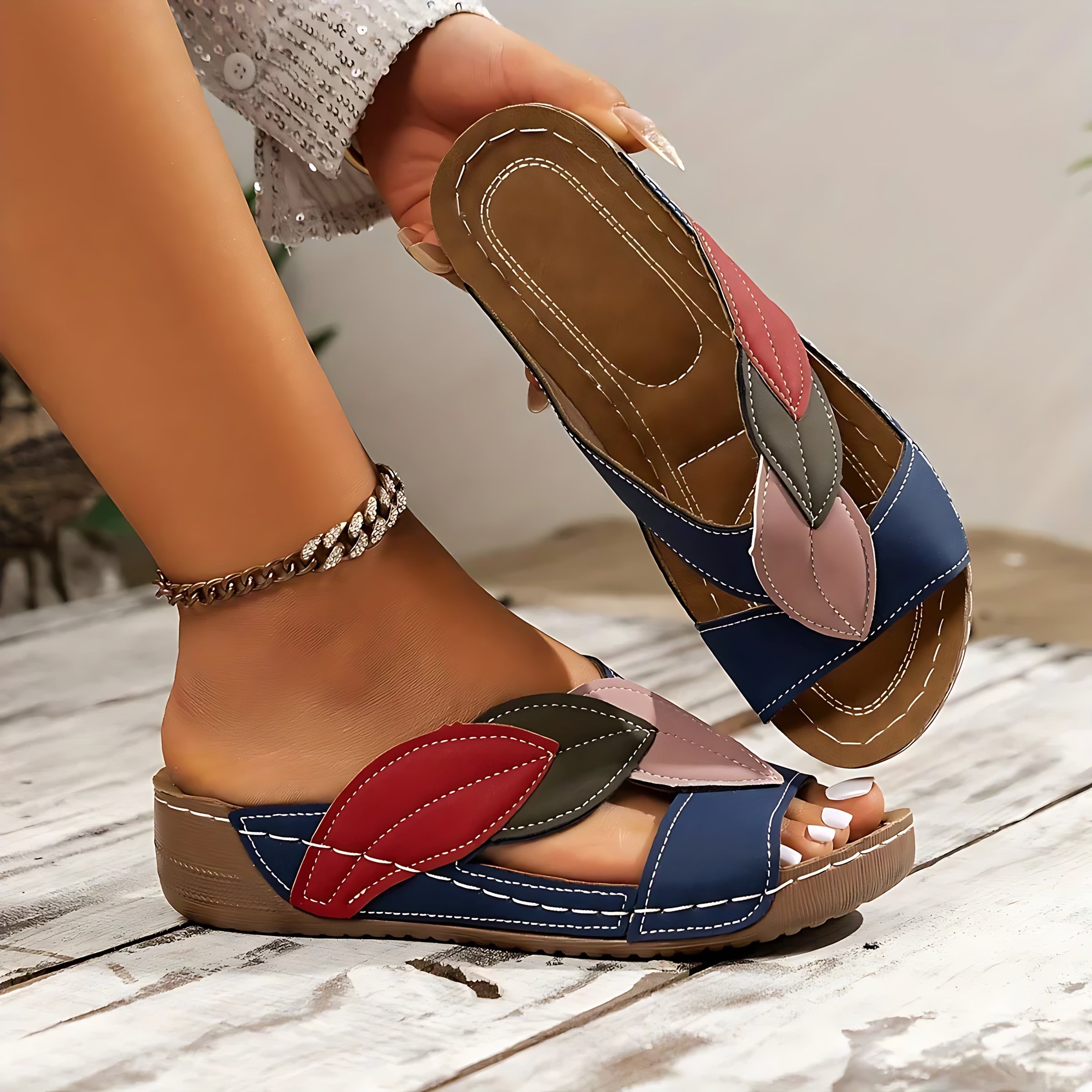 Adriana – Color Block Peep Toe Wedge Slide Sandals