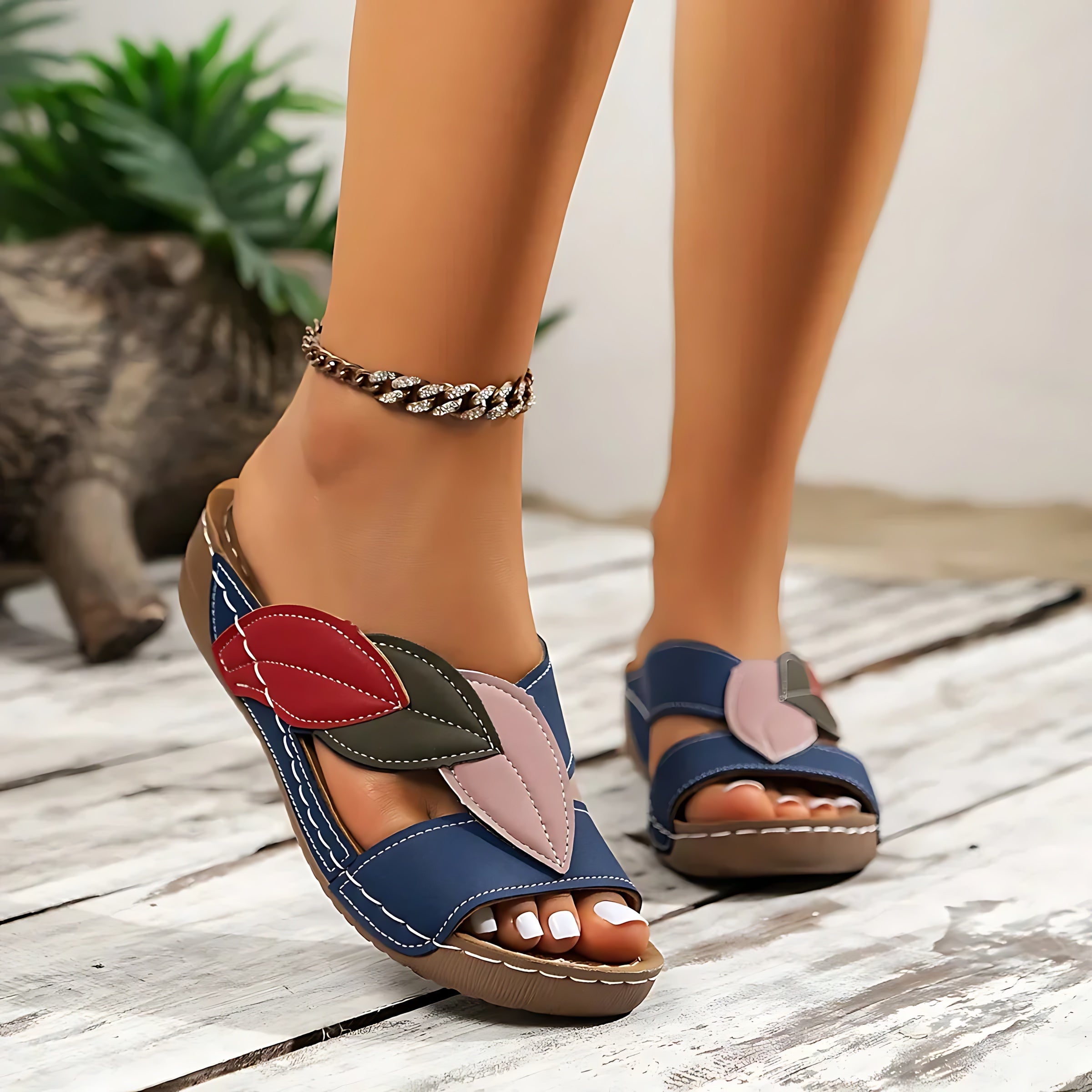 Adriana – Color Block Peep Toe Wedge Slide Sandals