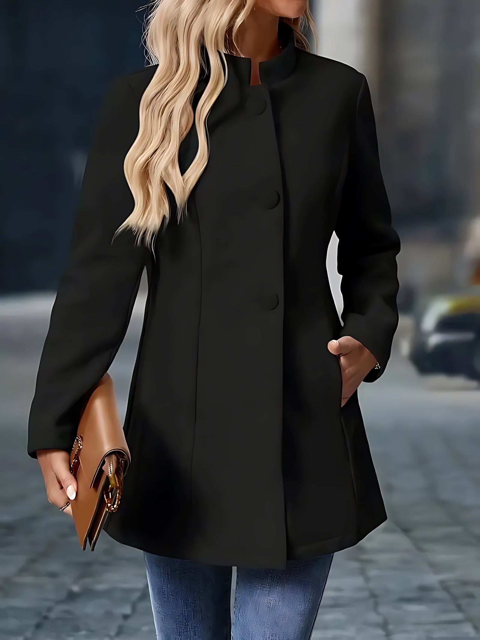 Adriana – Stand Collar Button Front Midi Coat