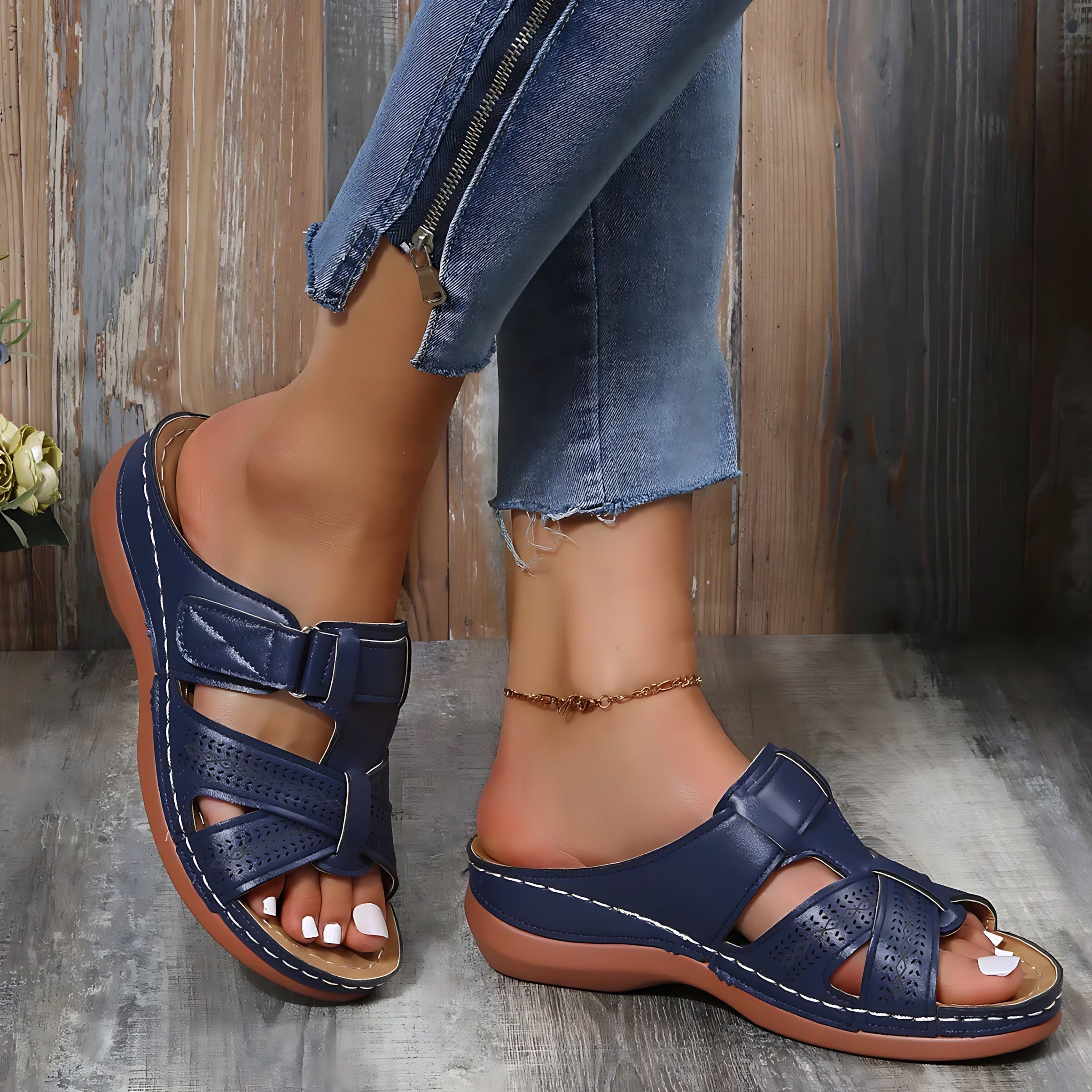Adriana – Stitched Cutout Wedge Slide Sandals