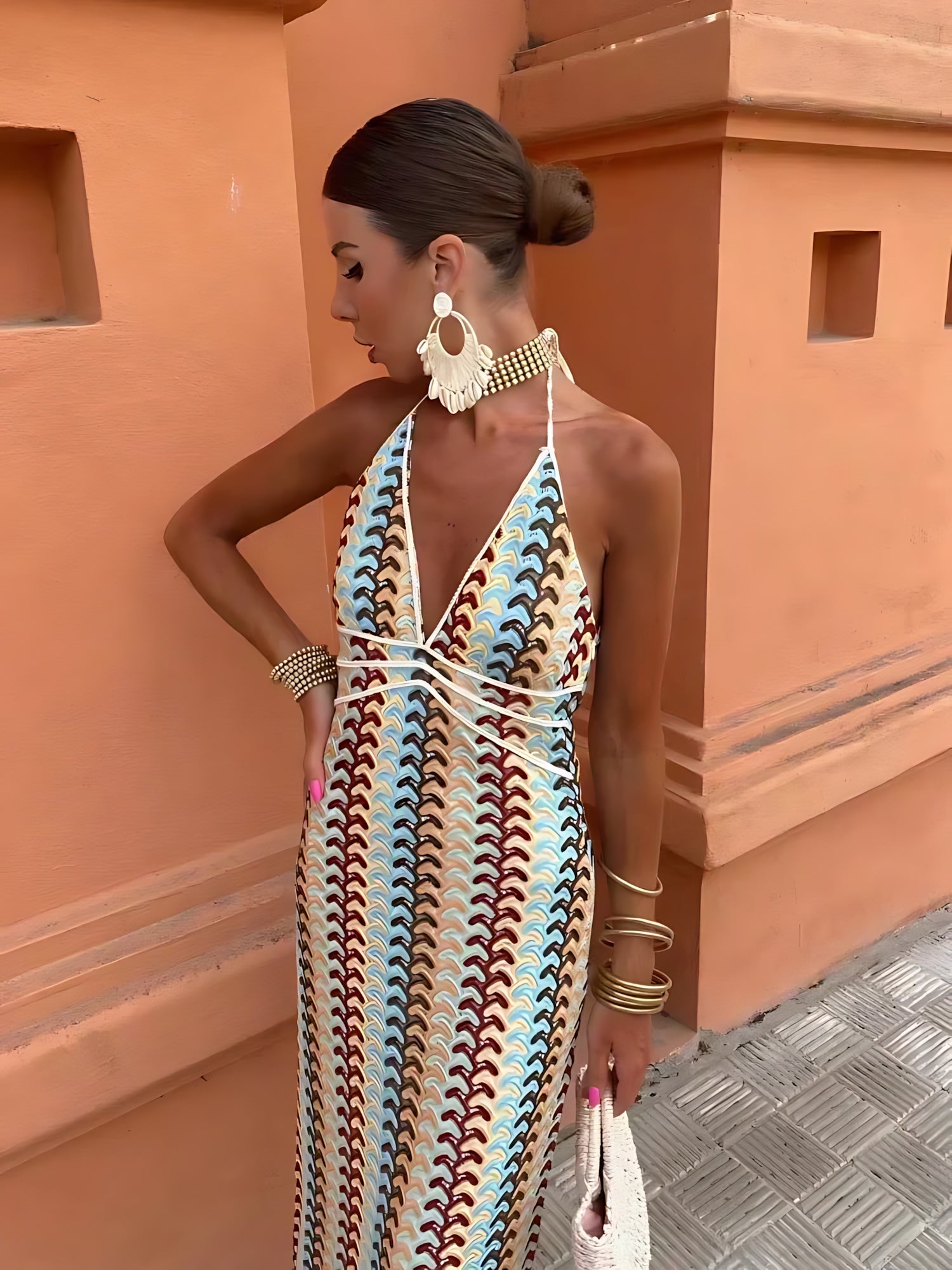 Adriana – Striped Knit Halter Neck Maxi Dress