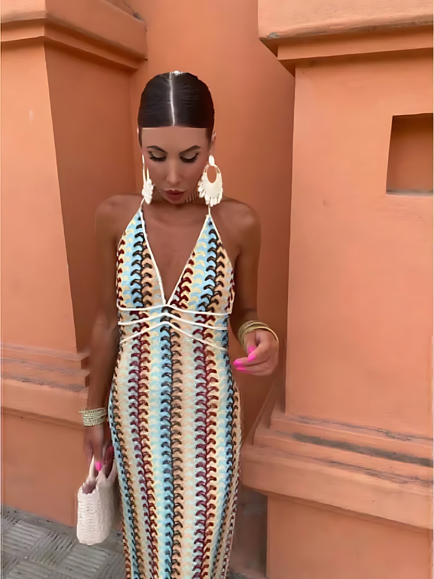 Adriana – Striped Knit Halter Neck Maxi Dress