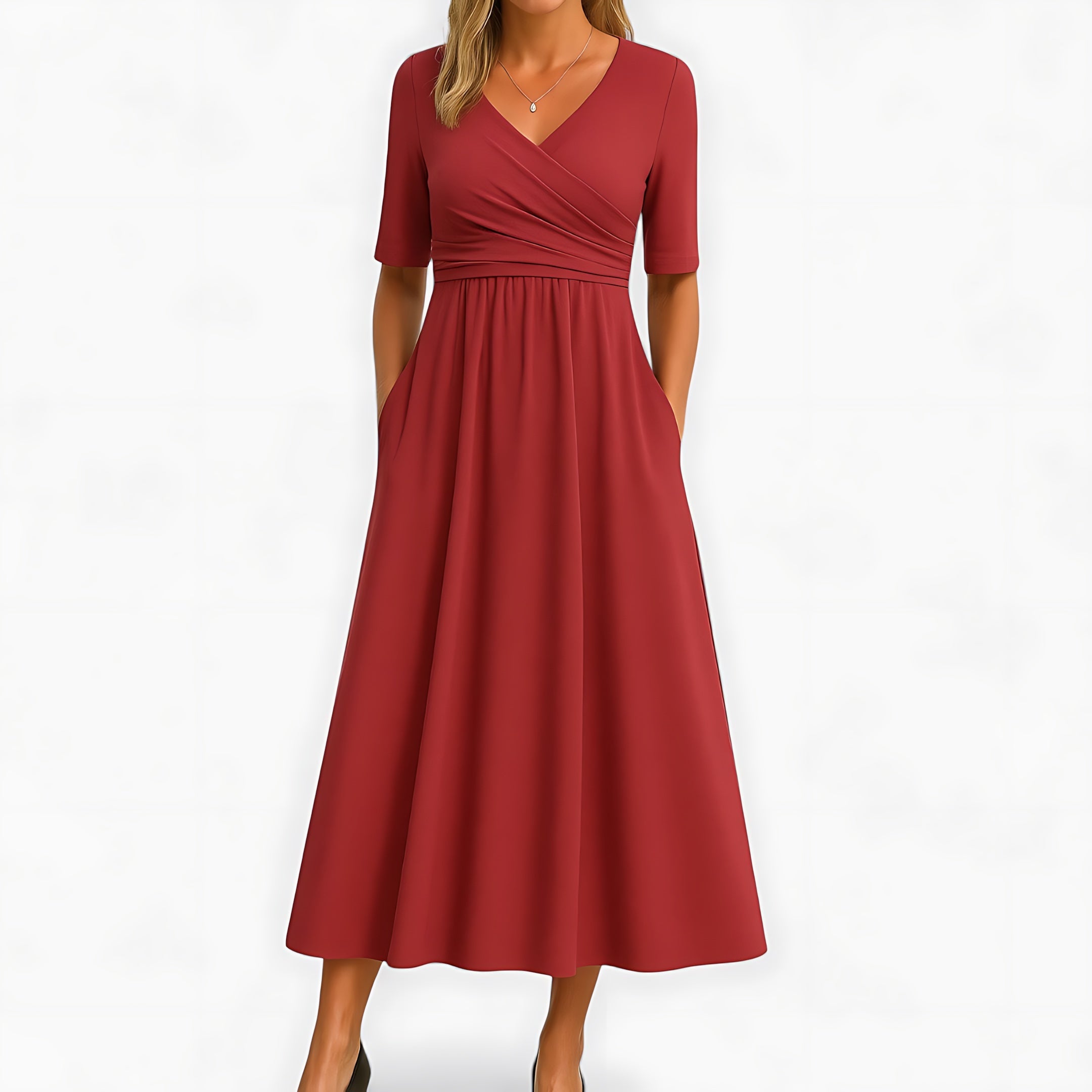Alice – V Neck Pleated Fit and Flare Maxi Dress