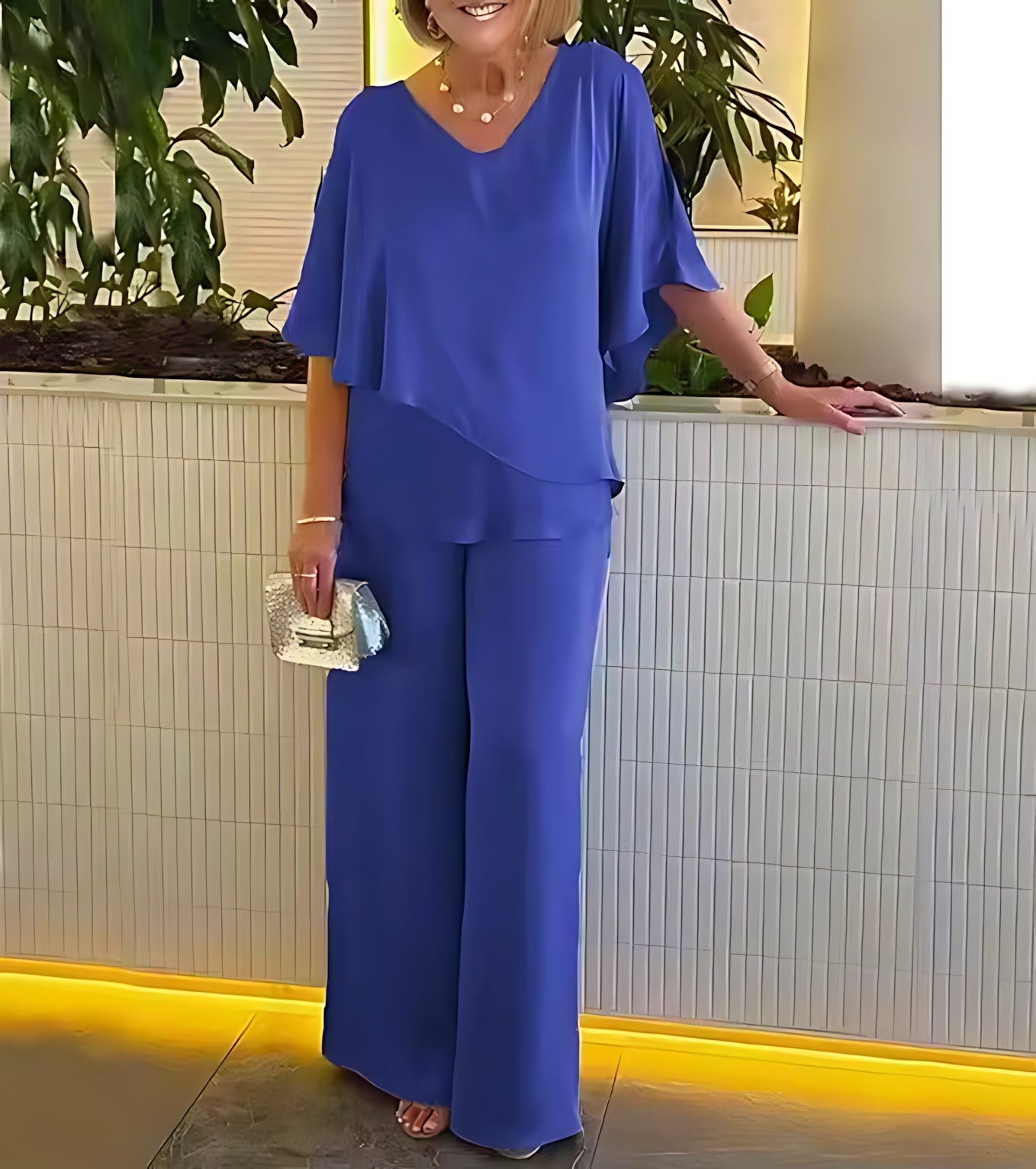 Allison – Draped V Neck Top and Wide Leg Pants Evening Set