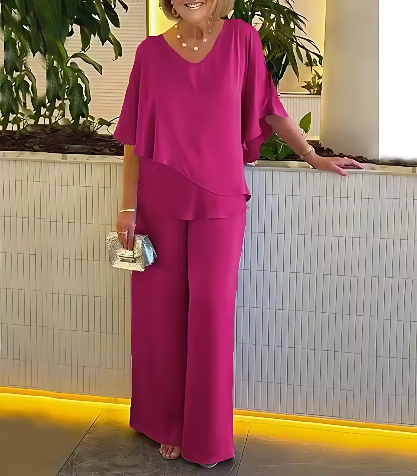 Allison – Draped V Neck Top and Wide Leg Pants Evening Set