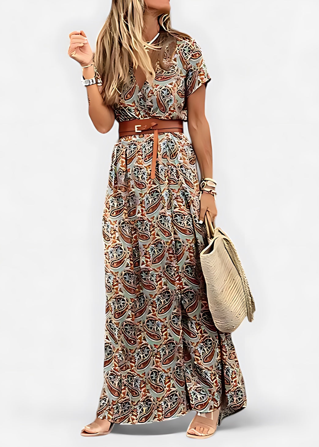 Amaya – Boho Print Wrap High Slit Maxi Dress