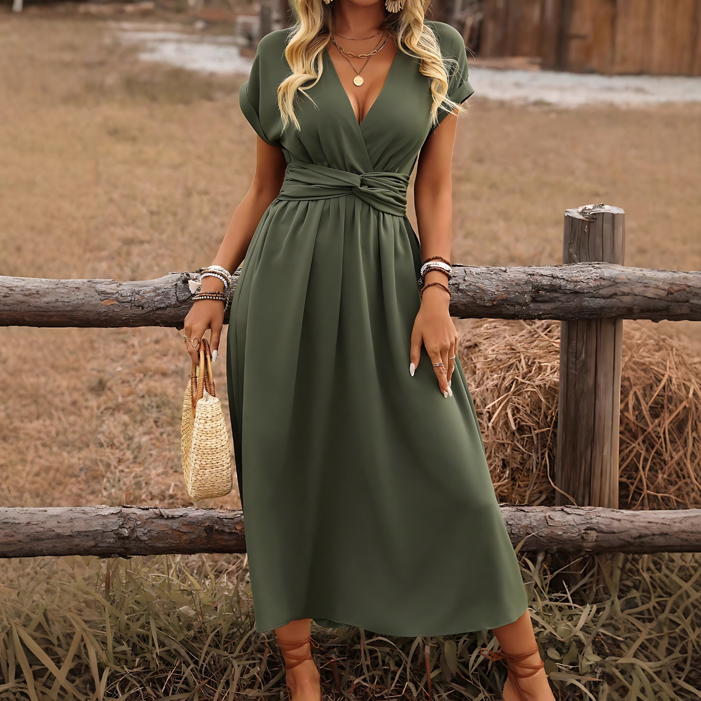 Amber – Wrap V Neck Flutter Sleeve Cocktail Midi Dress