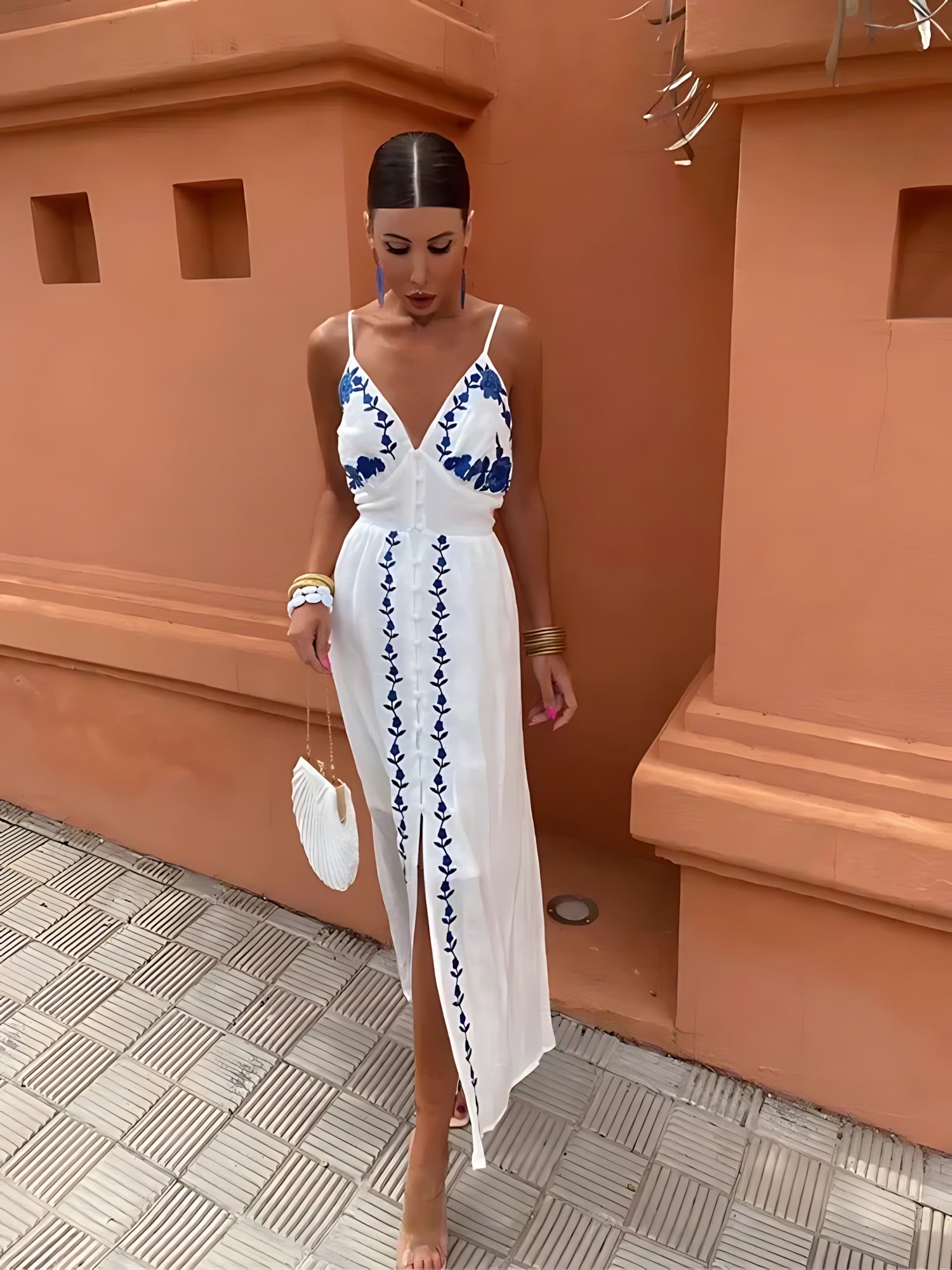 Amelia – Boho Print V Neck Slit Summer Maxi Dress