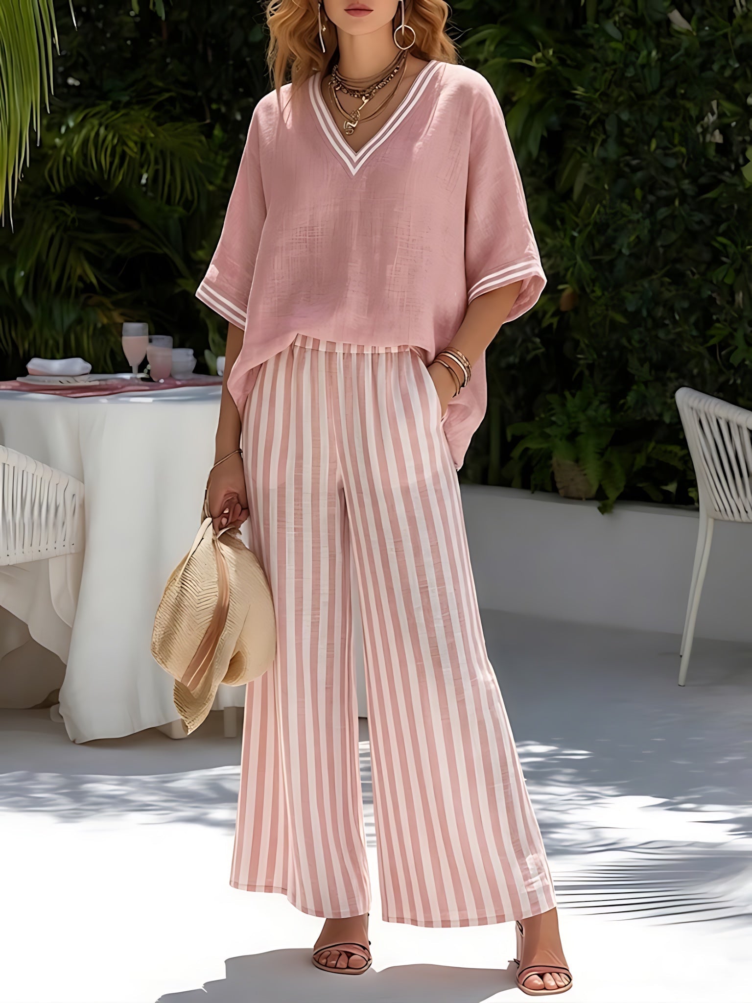 Amelia – V Neck Top and Striped Wide Leg Pants Set