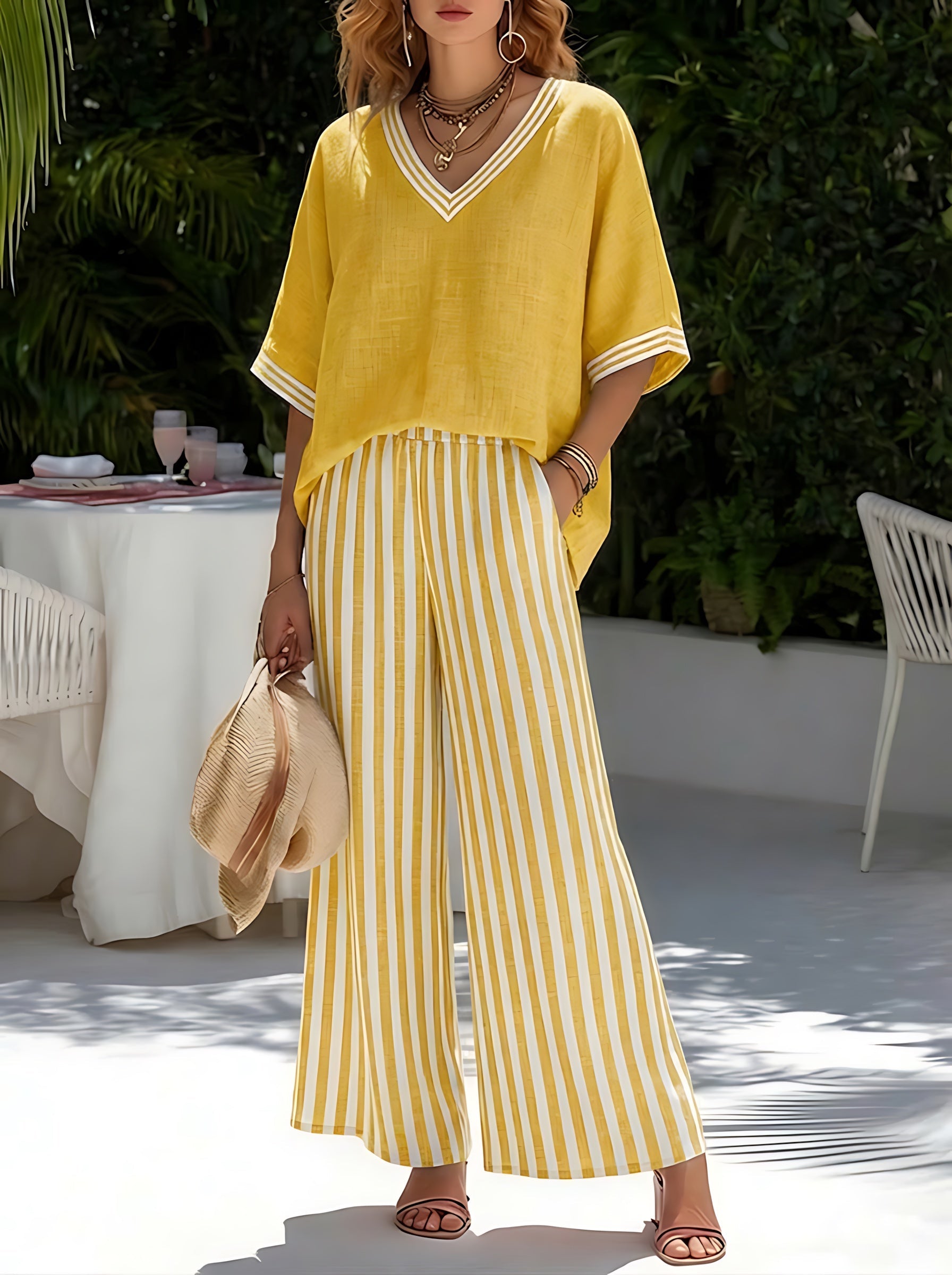 Amelia – V Neck Top and Striped Wide Leg Pants Set