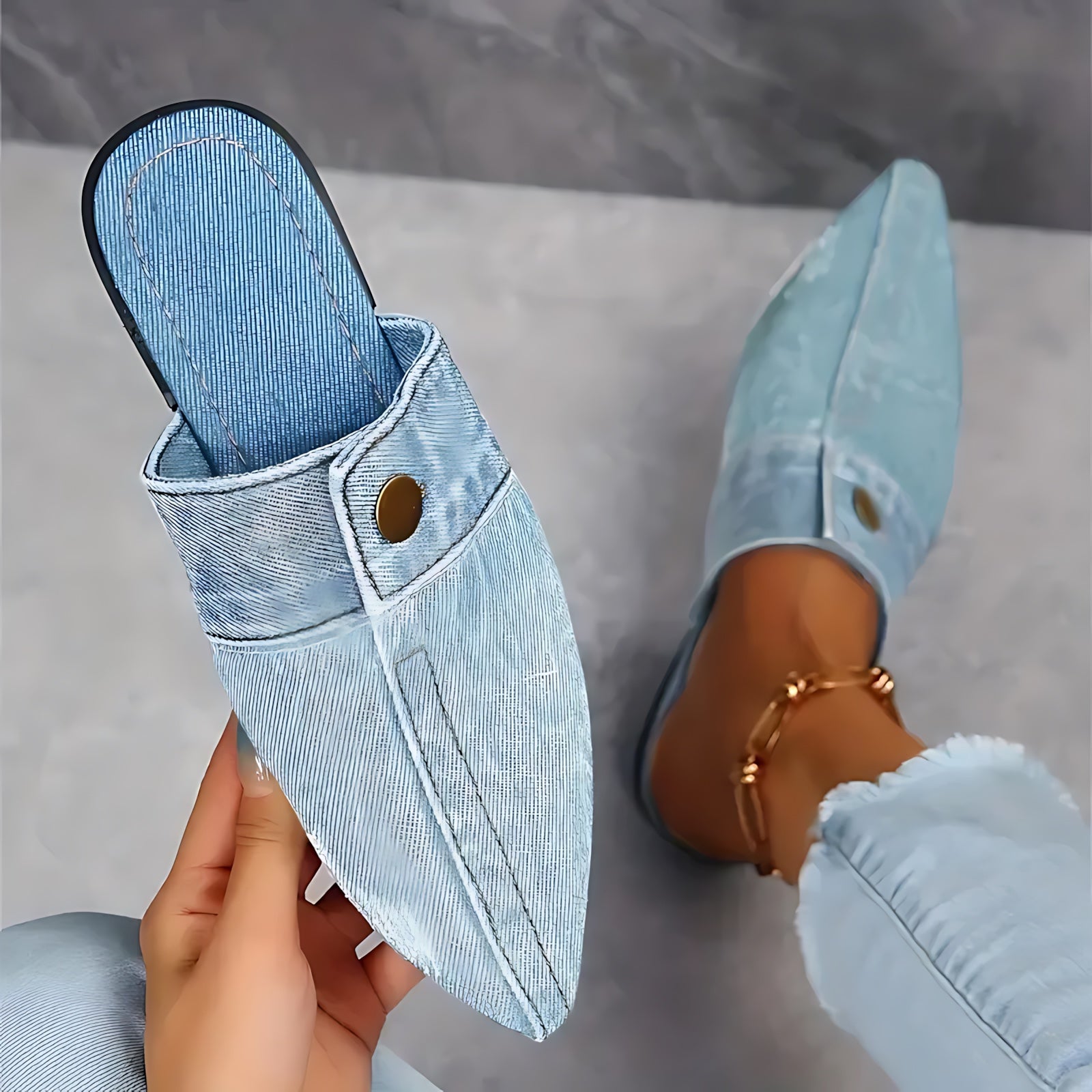 Andrea – Denim Pointed Toe Flat Mules