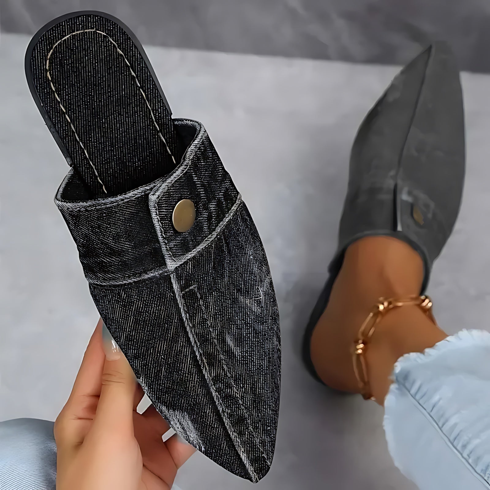 Andrea – Denim Pointed Toe Flat Mules